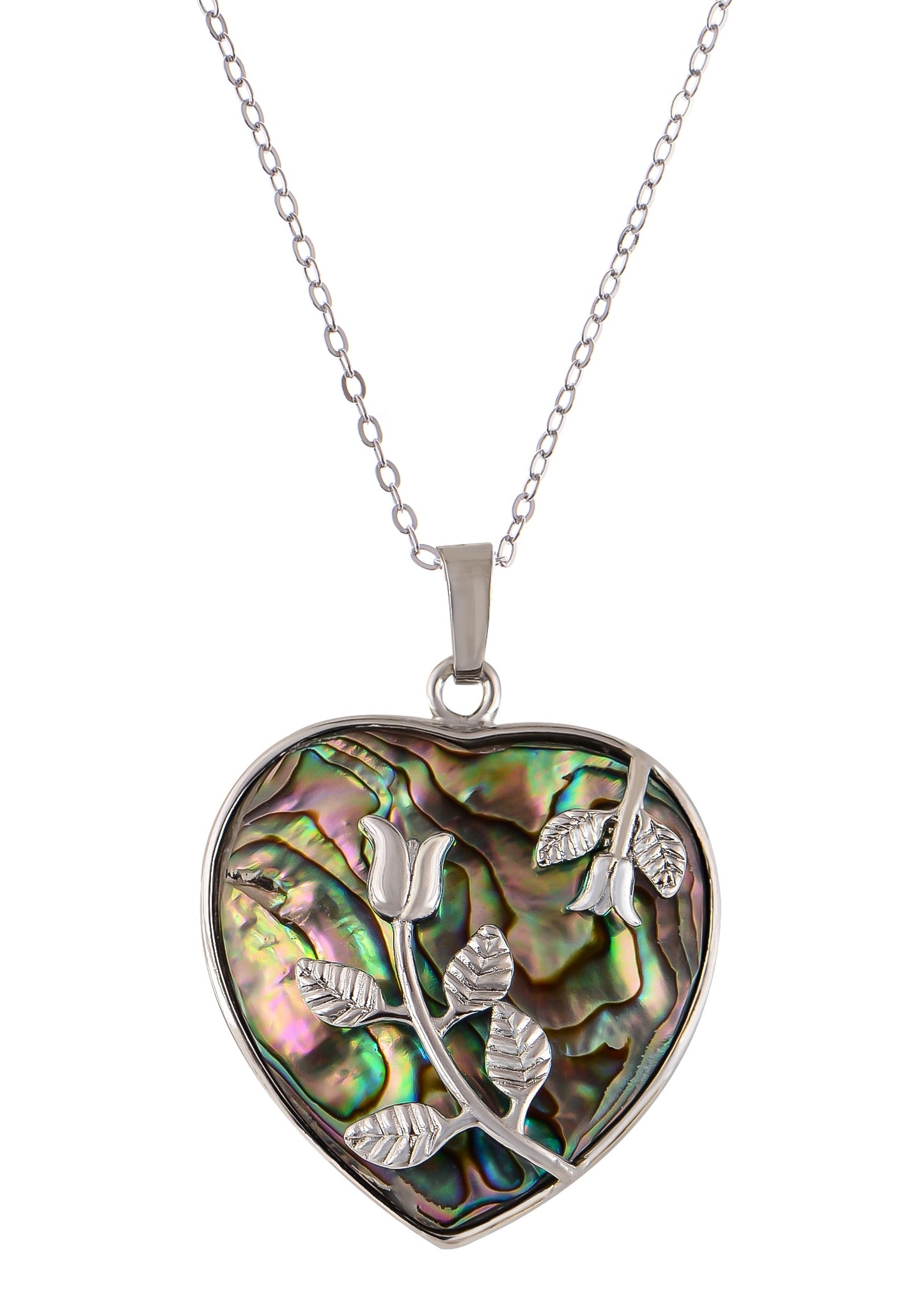 Alilang Natural Abalone Shell Silvery Tone Pendant Necklace with Relief Flower