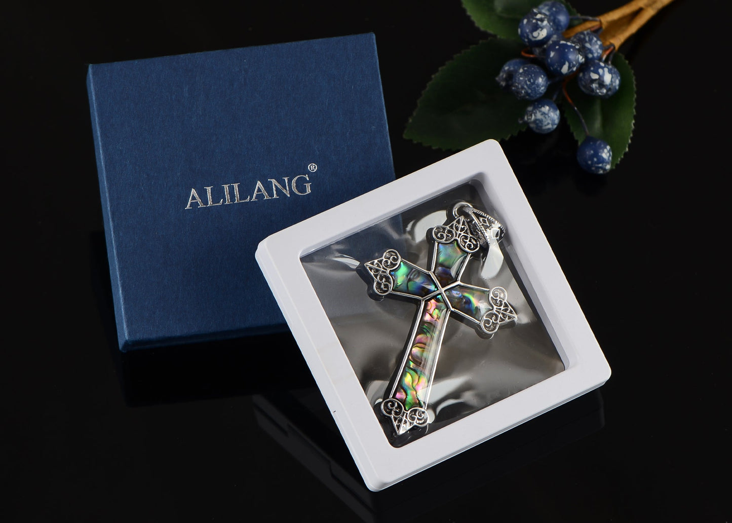 Alilang Vintage Inspired Silvery Tone Abalone Shell Religious Cross Pendant Necklace