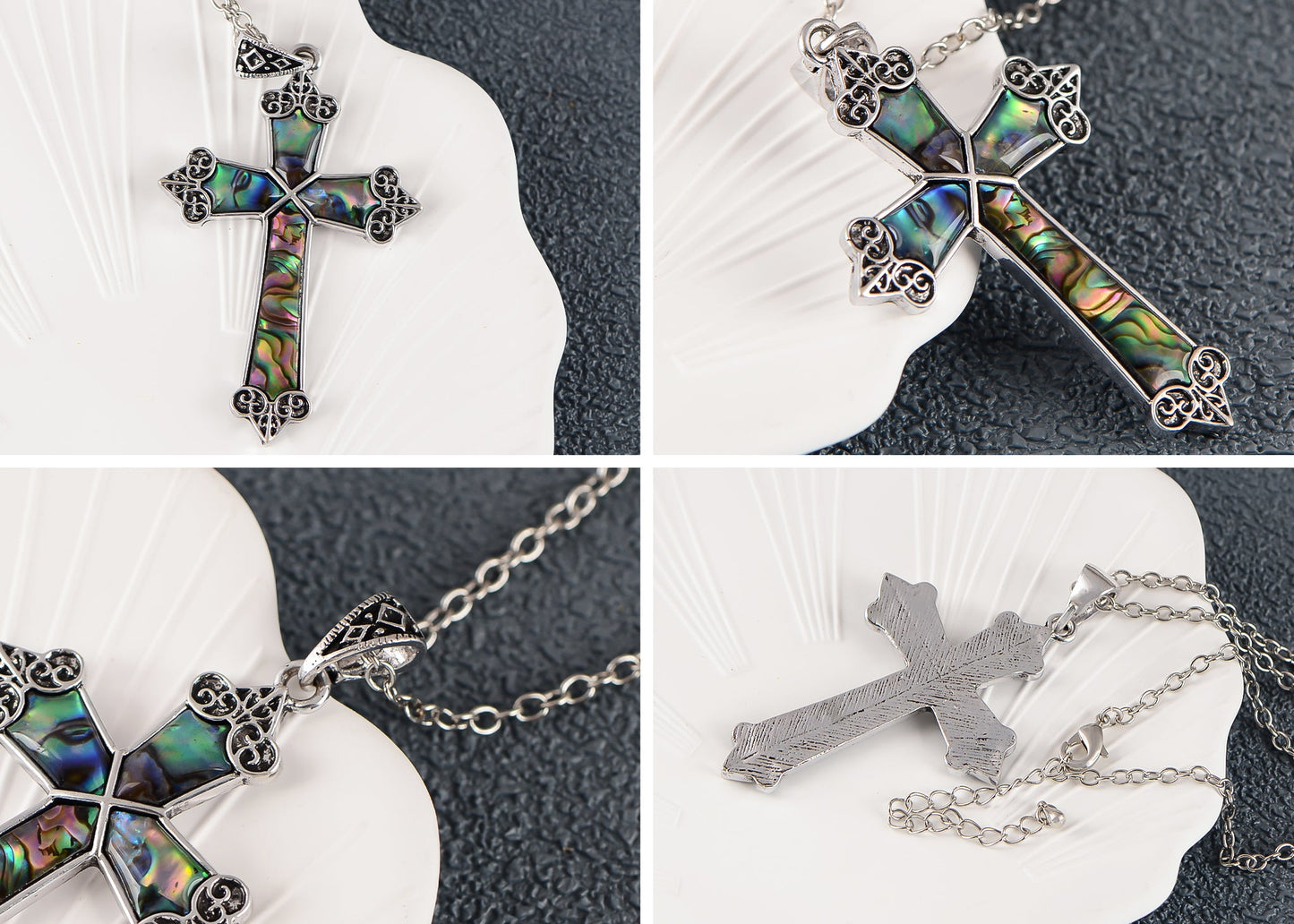 Alilang Vintage Inspired Silvery Tone Abalone Shell Religious Cross Pendant Necklace