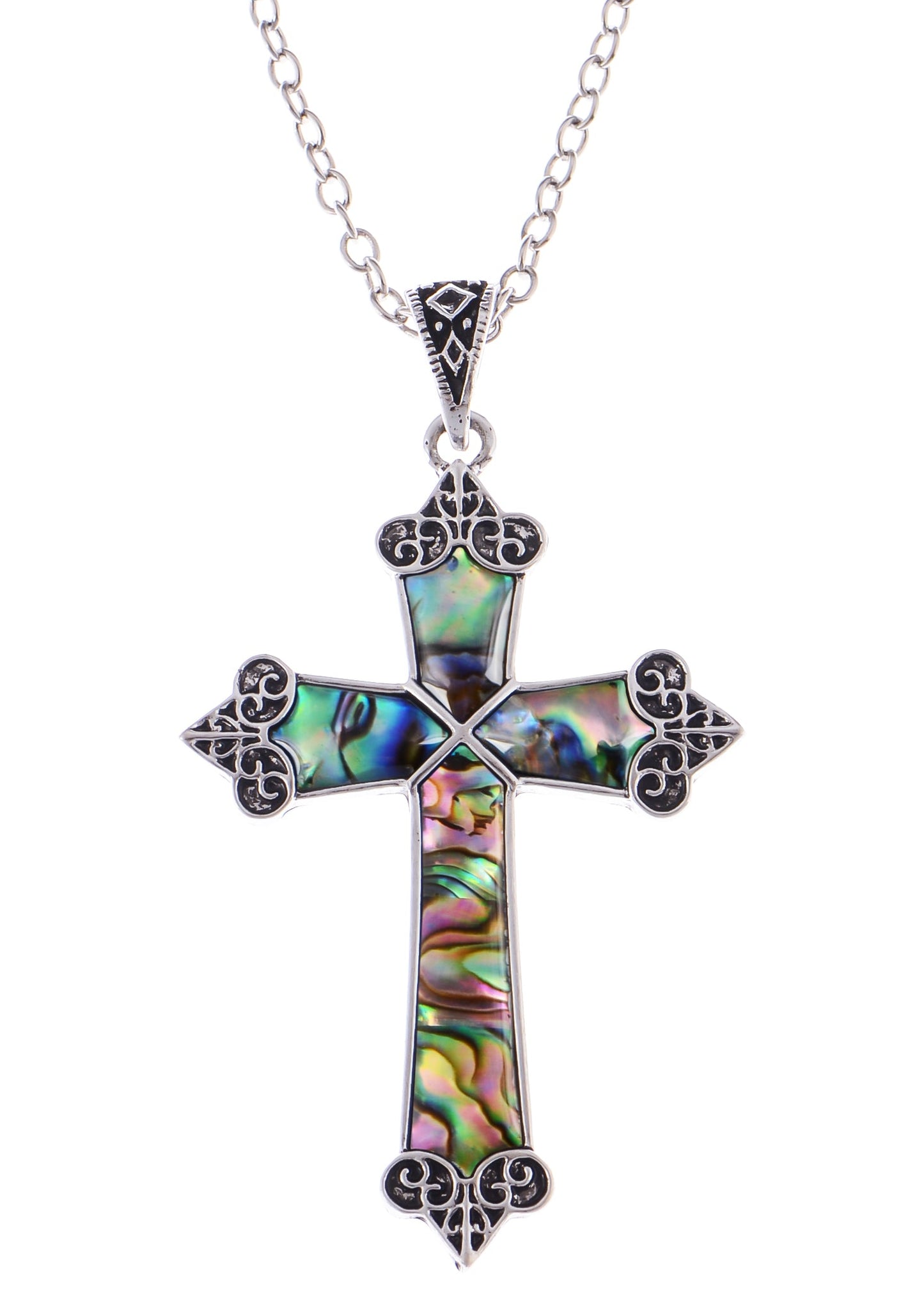 Alilang Vintage Inspired Silvery Tone Abalone Shell Religious Cross Pendant Necklace