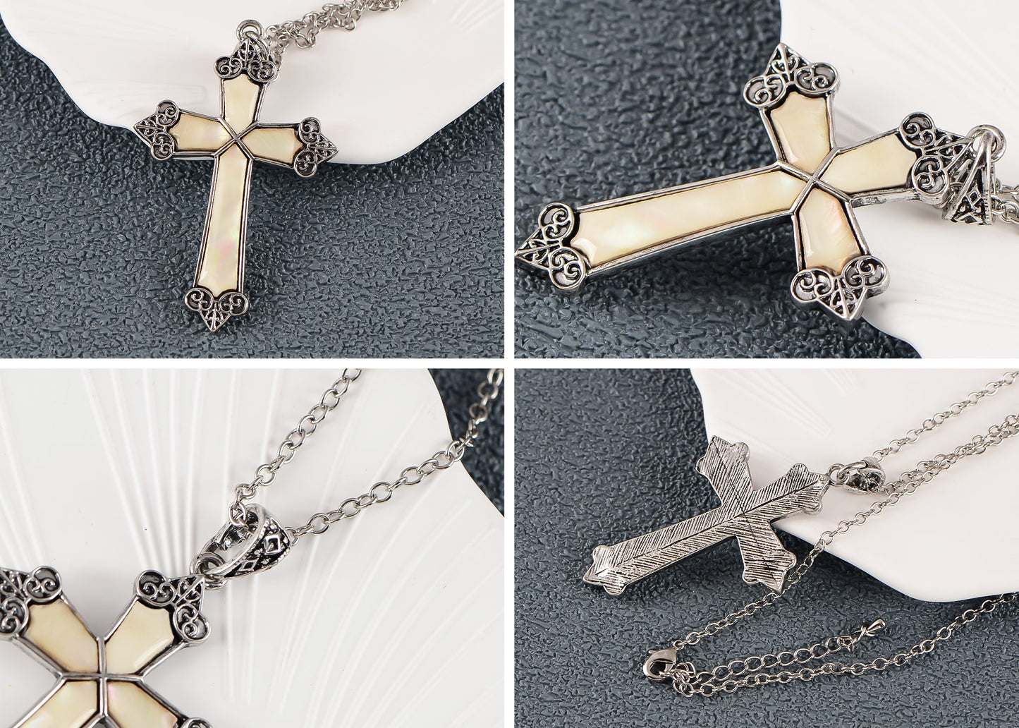 Alilang Vintage Inspired Silvery Tone Abalone Shell Religious Cross Pendant Necklace