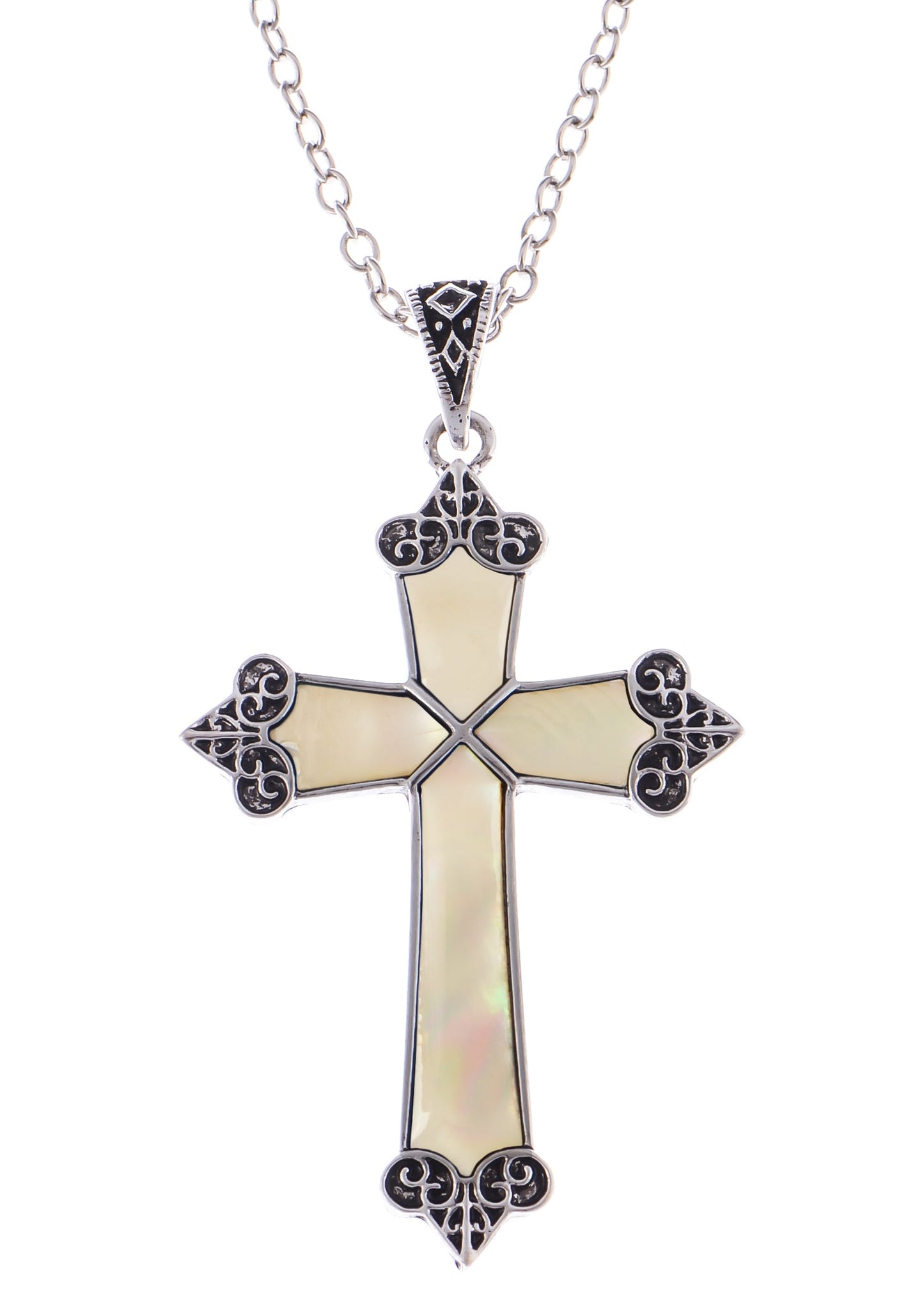 Alilang Vintage Inspired Silvery Tone Abalone Shell Religious Cross Pendant Necklace