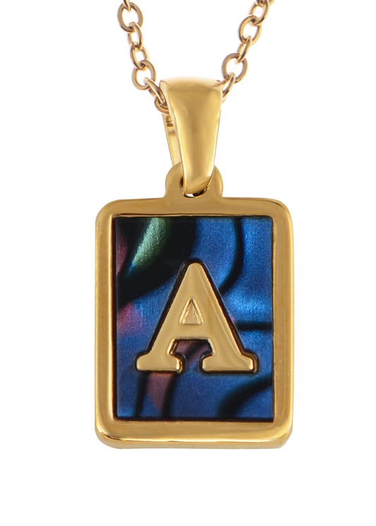 Alilang Initial Letters Pendant Necklace Mens Womens Abalone Shell Golden Tone Titanium Steel Square Capital Letter Necklaces