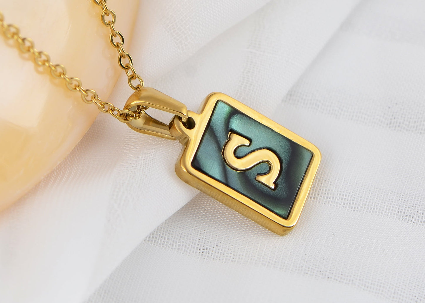 Alilang Initial Letters Pendant Necklace Mens Womens Abalone Shell Golden Tone Titanium Steel Square Capital Letter Necklaces