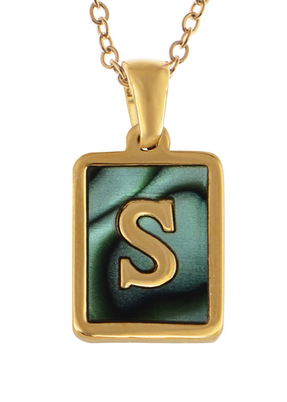 Alilang Initial Letters Pendant Necklace Mens Womens Abalone Shell Golden Tone Titanium Steel Square Capital Letter Necklaces