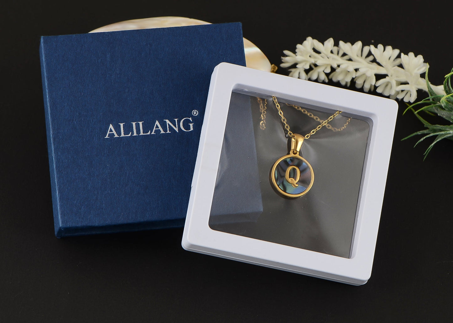 Alilang Initial Letters Pendant Necklace Mens Womens Abalone Shell Golden Tone Titanium Steel Square Capital Letter Necklaces