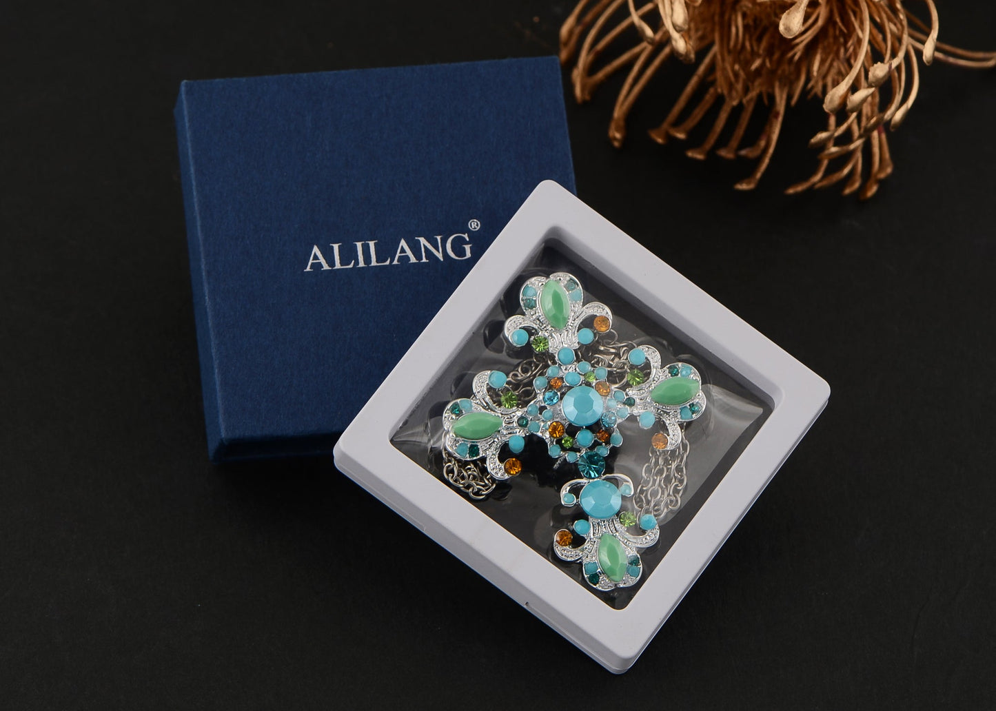 Alilang Religious Cross Pendant Necklace Sparkle Crystal Rhinestones Brooch Pin Gothic Jewelry for Women Men