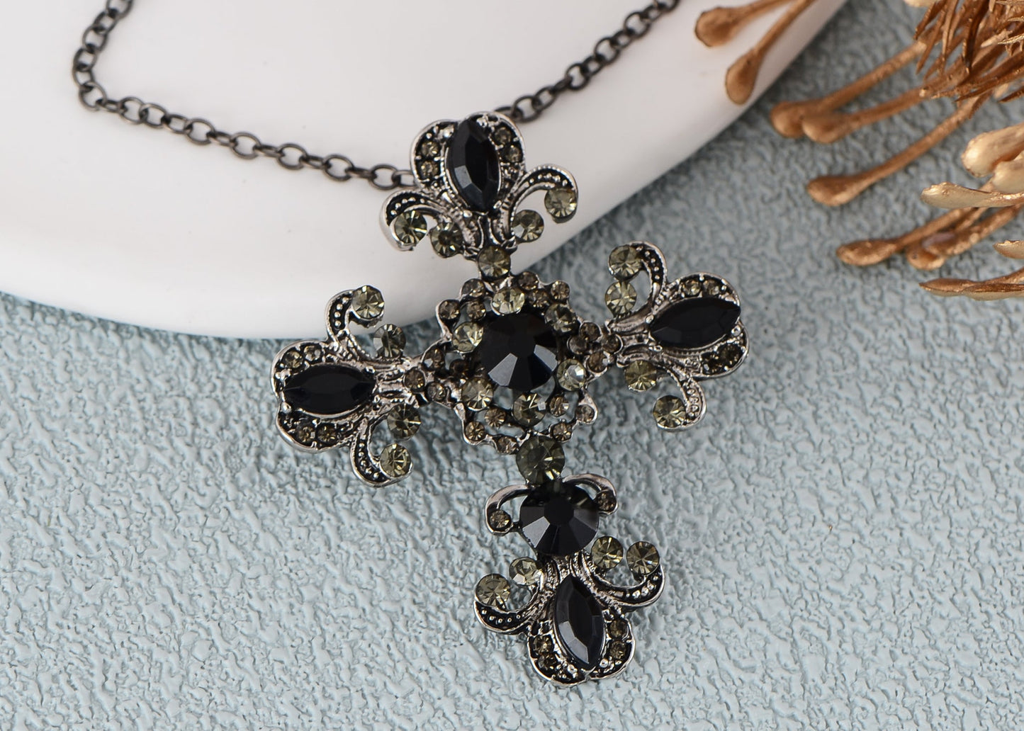 Alilang Religious Cross Pendant Necklace Sparkle Crystal Rhinestones Brooch Pin Gothic Jewelry for Women Men