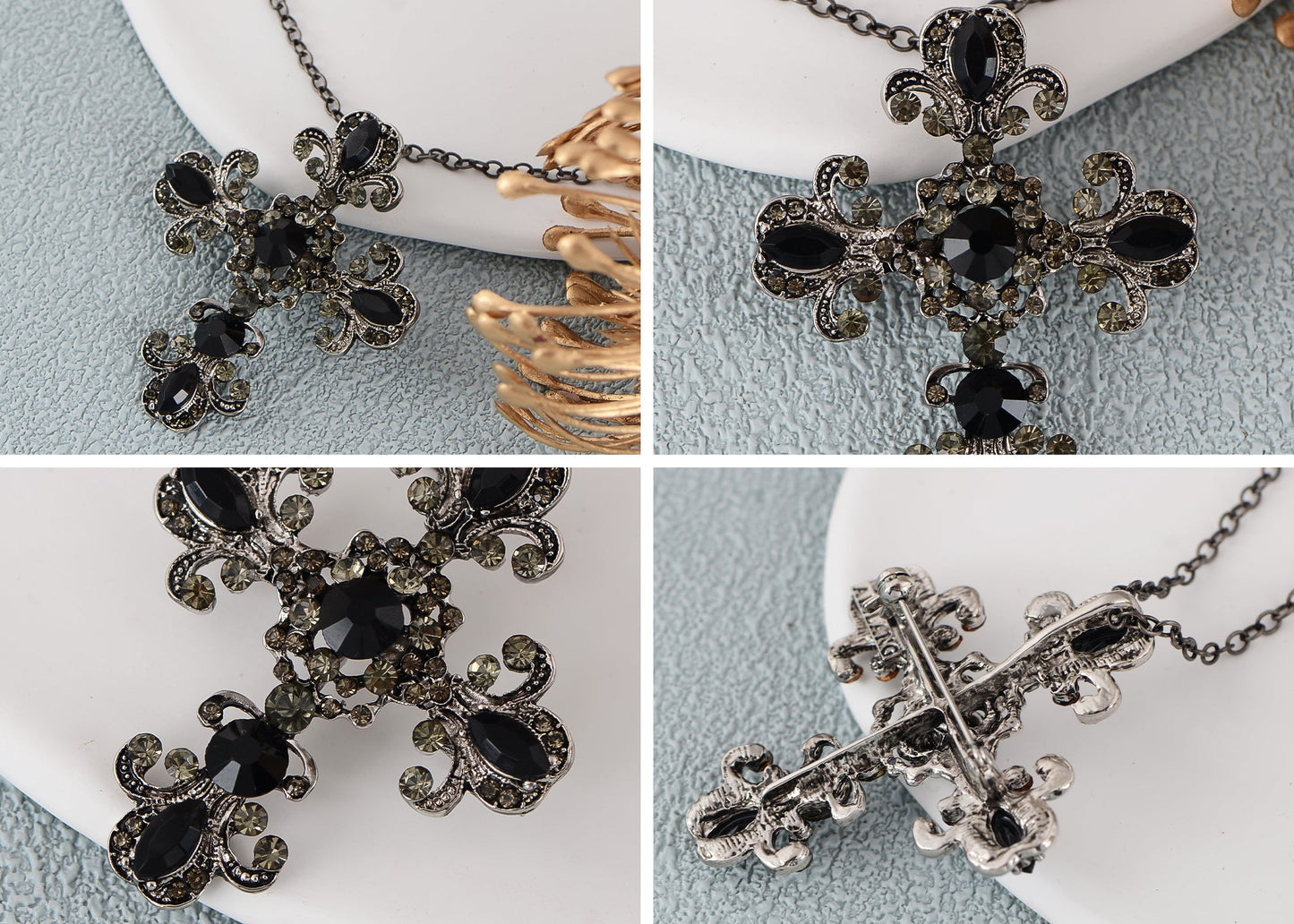 Alilang Religious Cross Pendant Necklace Sparkle Crystal Rhinestones Brooch Pin Gothic Jewelry for Women Men