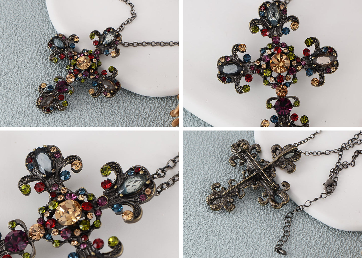 Alilang Religious Cross Pendant Necklace Sparkle Crystal Rhinestones Brooch Pin Gothic Jewelry for Women Men