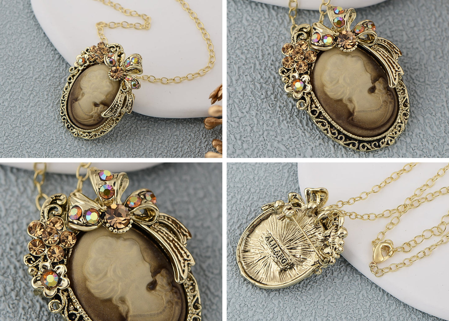 Alilang Vintage Inspired Crystal Rhinestones Victorian Lady Cameo Pendant Necklace Maiden Flower Ribbon Bow Brooch Pin