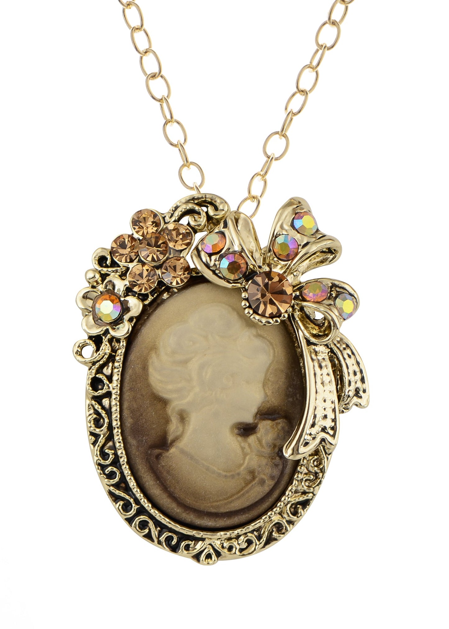 Alilang Vintage Inspired Crystal Rhinestones Victorian Lady Cameo Pendant Necklace Maiden Flower Ribbon Bow Brooch Pin