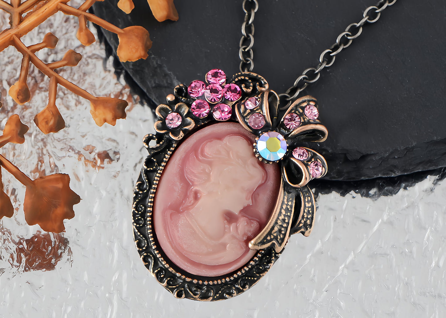 Alilang Vintage Inspired Crystal Rhinestones Victorian Lady Cameo Pendant Necklace Maiden Flower Ribbon Bow Brooch Pin