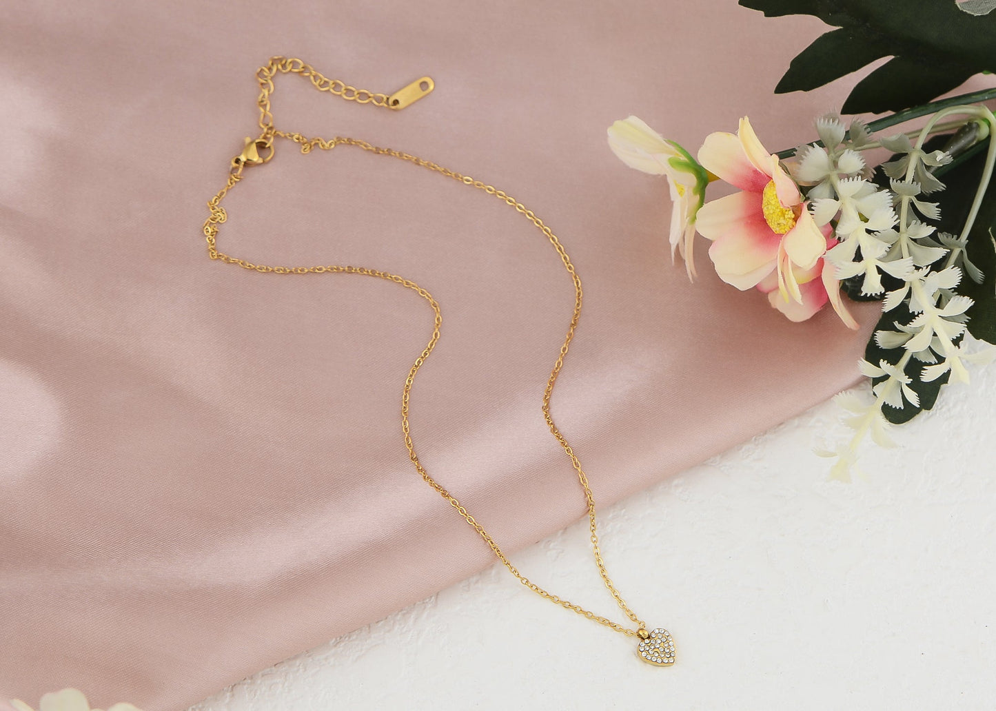 Women Gold Crystal rhinestone Heart Necklace Stainless Steel Statement Pendant Necklace