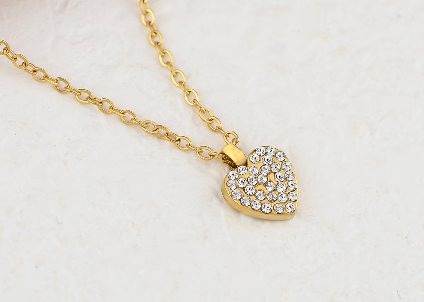 Women Gold Crystal rhinestone Heart Necklace Stainless Steel Statement Pendant Necklace