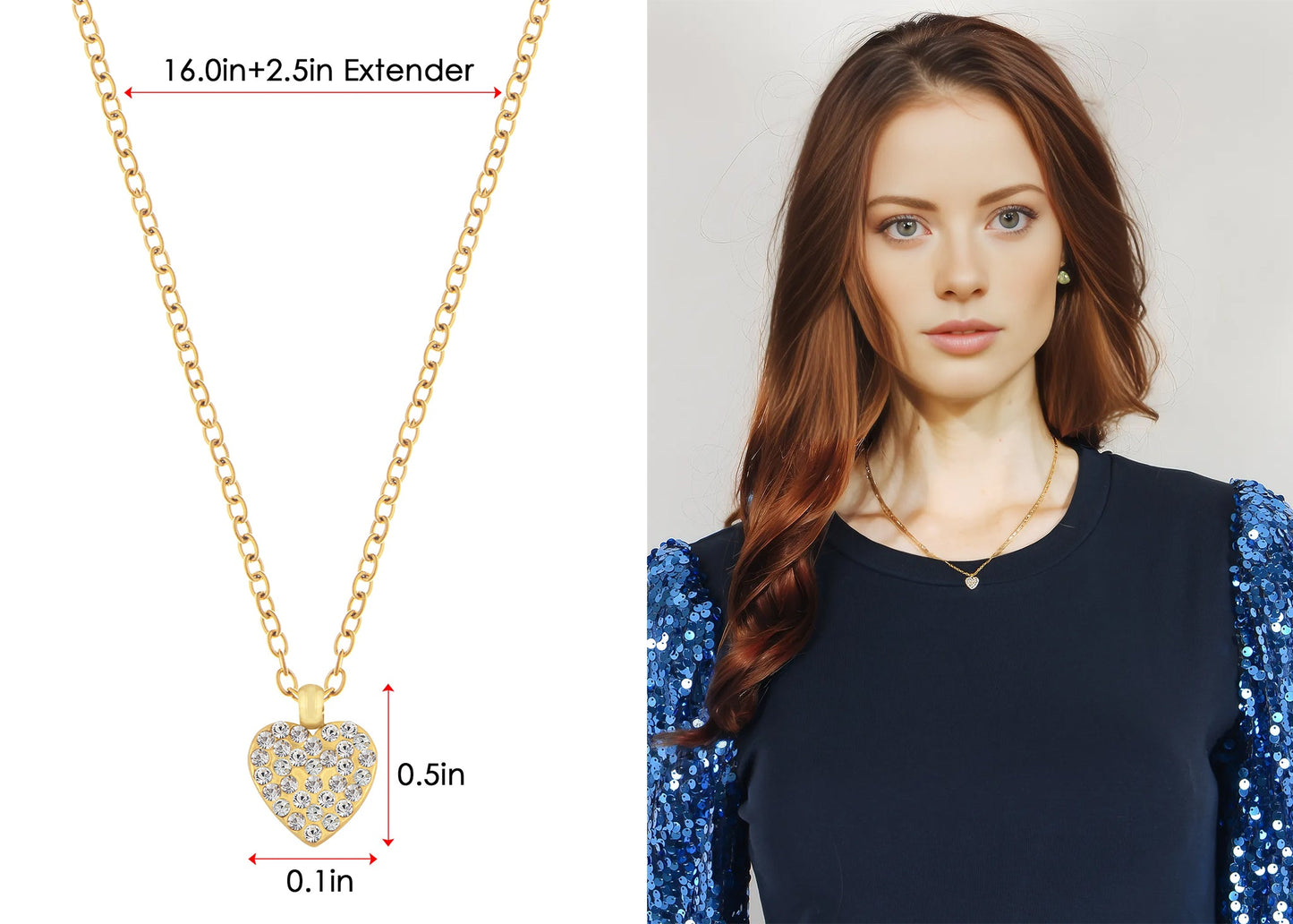 Women Gold Crystal rhinestone Heart Necklace Stainless Steel Statement Pendant Necklace