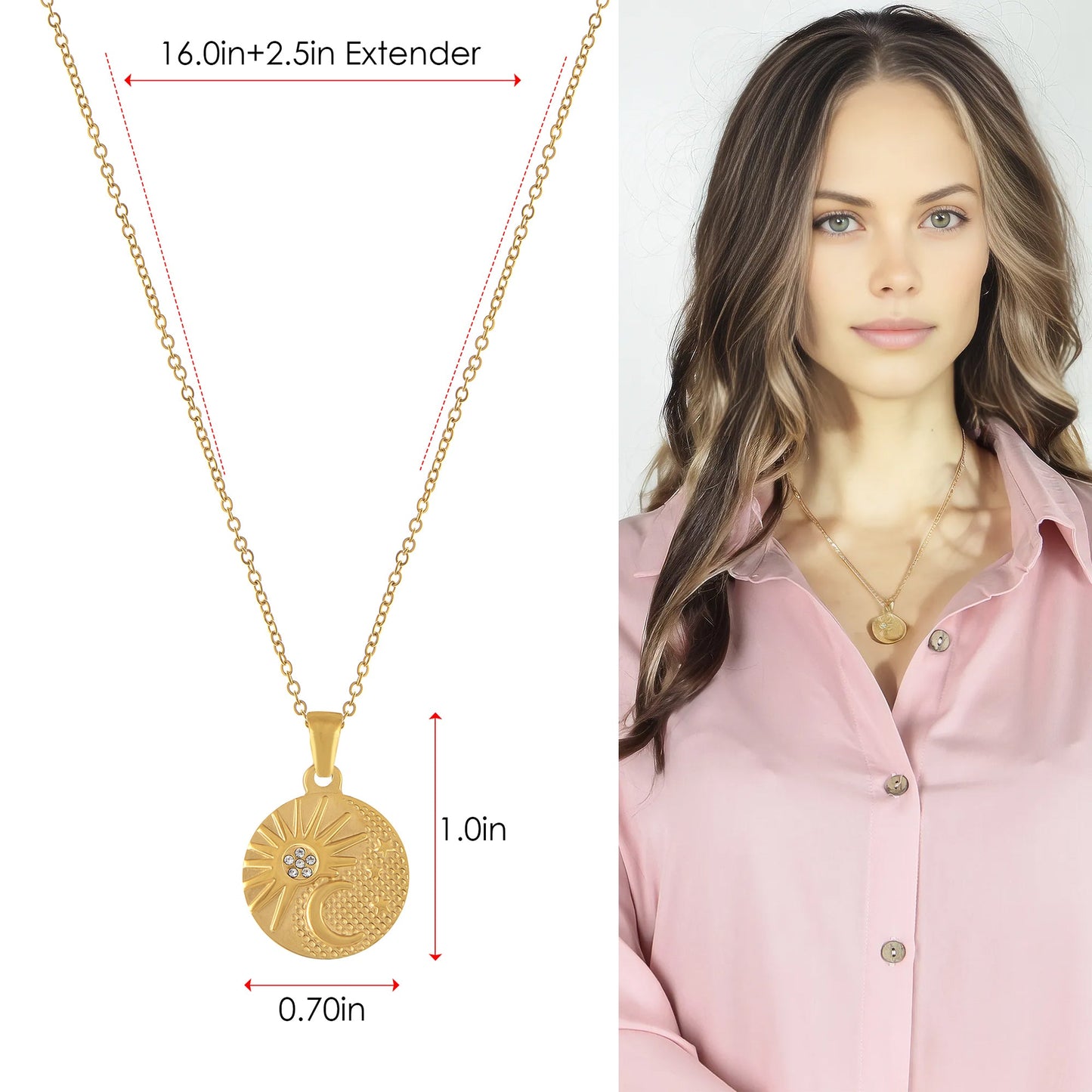 Alilang Gold Toned Stainless Steel Star Moon Sun and Heart Pendant Necklace