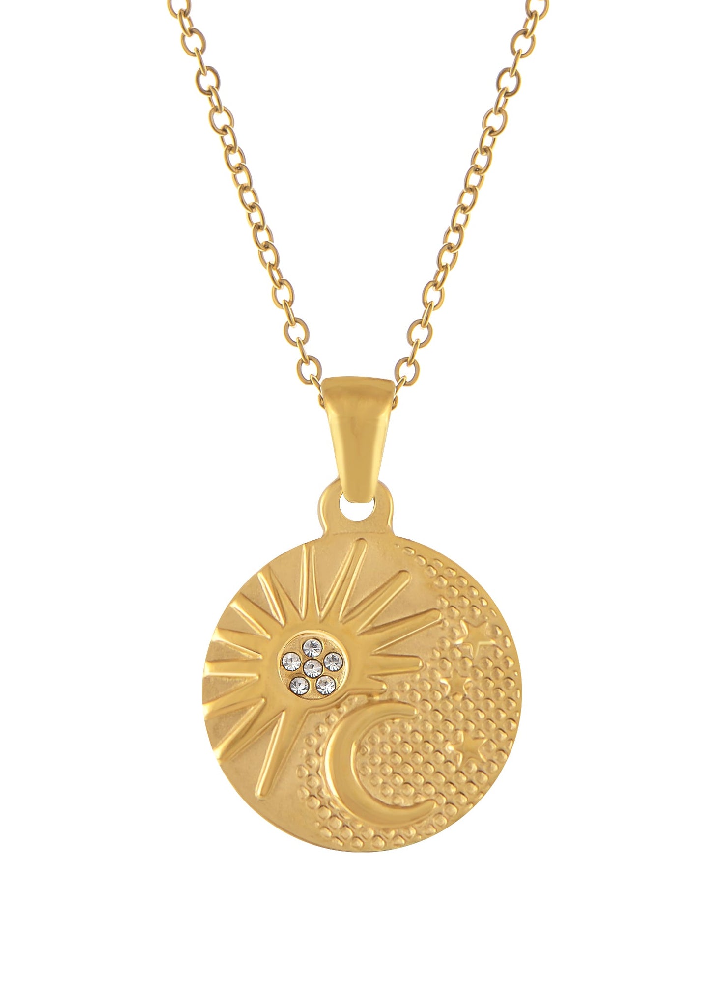 Alilang Gold Toned Stainless Steel Star Moon Sun and Heart Pendant Necklace