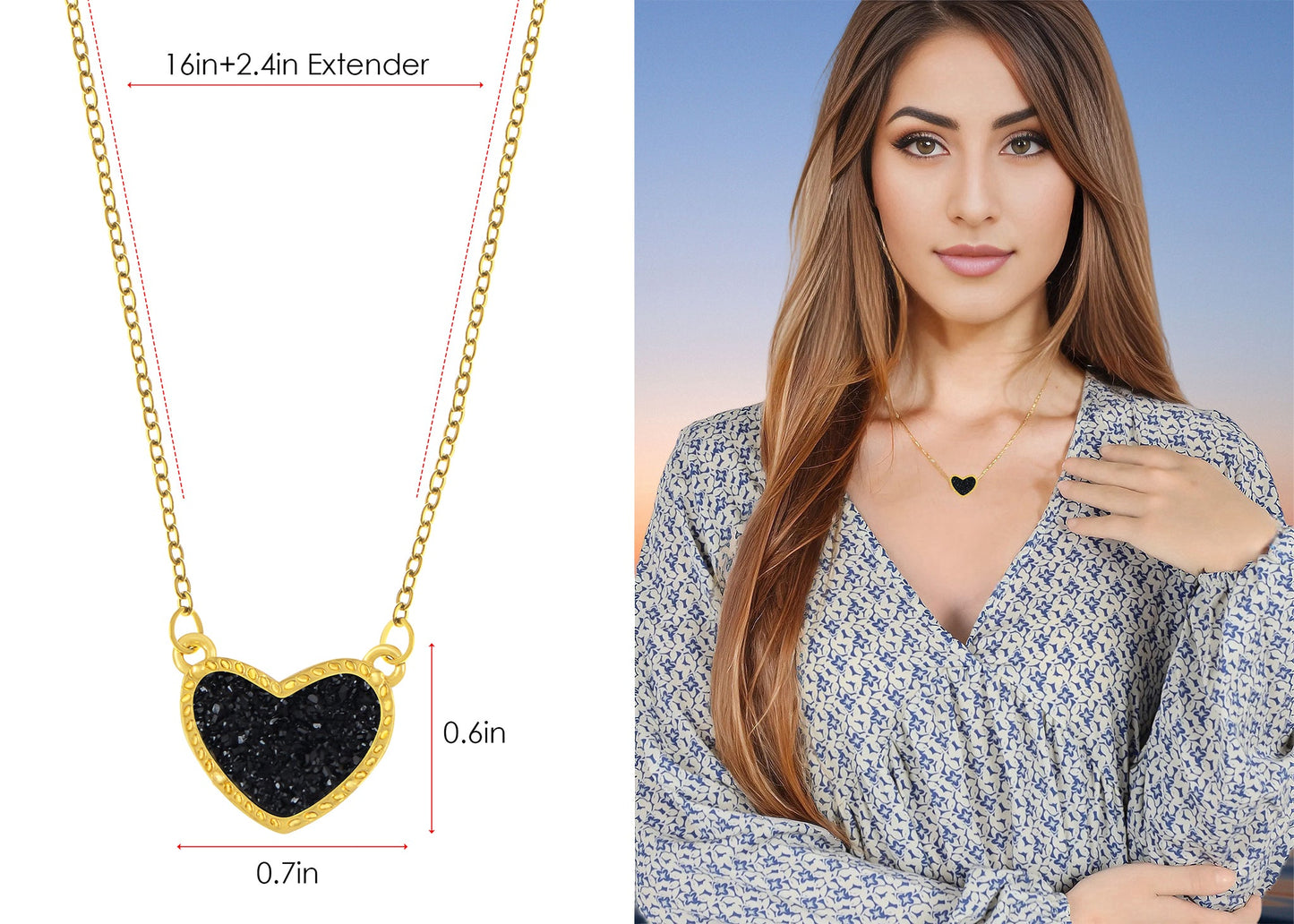 Golden Tone Love Heart Natural Stone Pendant Necklace Birthday or Christmas Jewelry for Women
