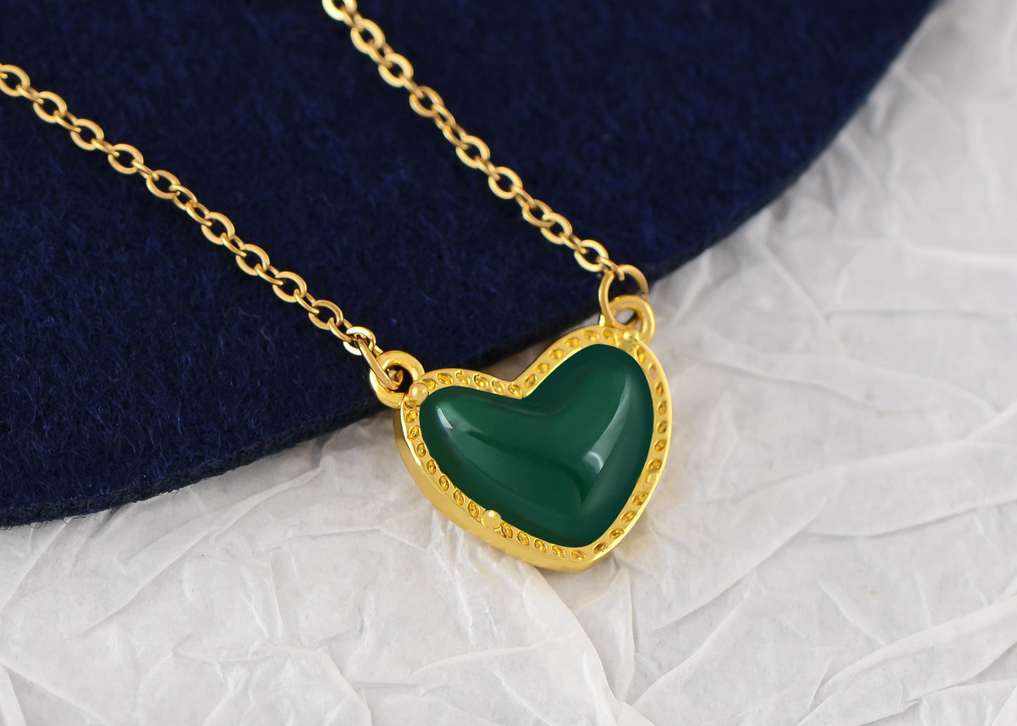 Golden Tone Love Heart Natural Stone Pendant Necklace Birthday or Christmas Jewelry for Women