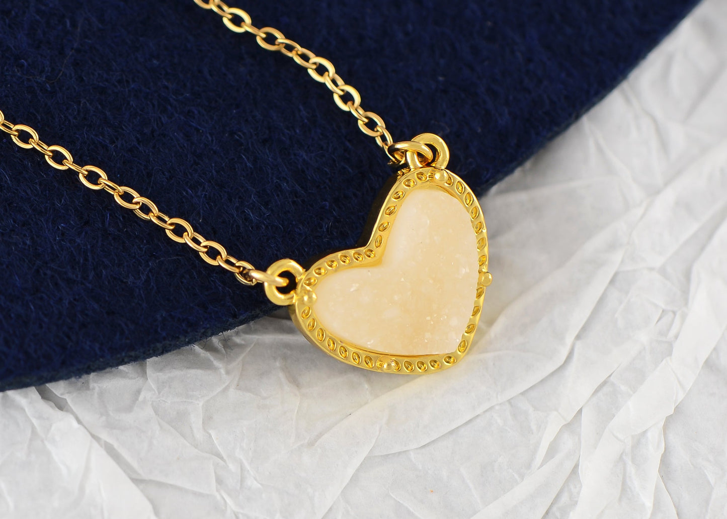 Golden Tone Love Heart Natural Stone Pendant Necklace Birthday or Christmas Jewelry for Women