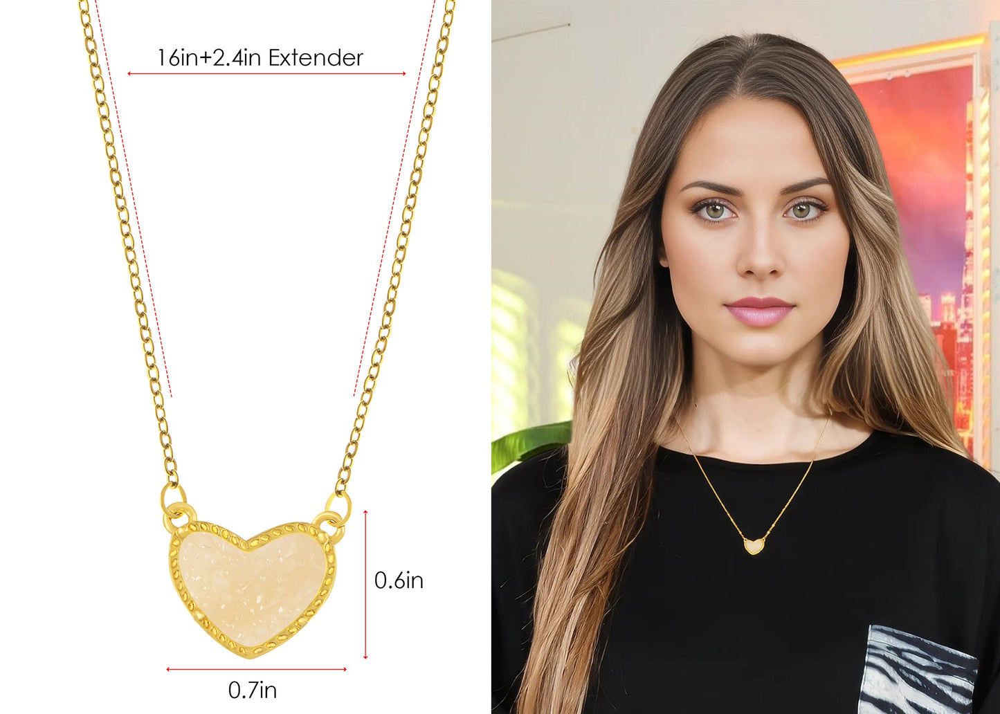 Golden Tone Love Heart Natural Stone Pendant Necklace Birthday or Christmas Jewelry for Women