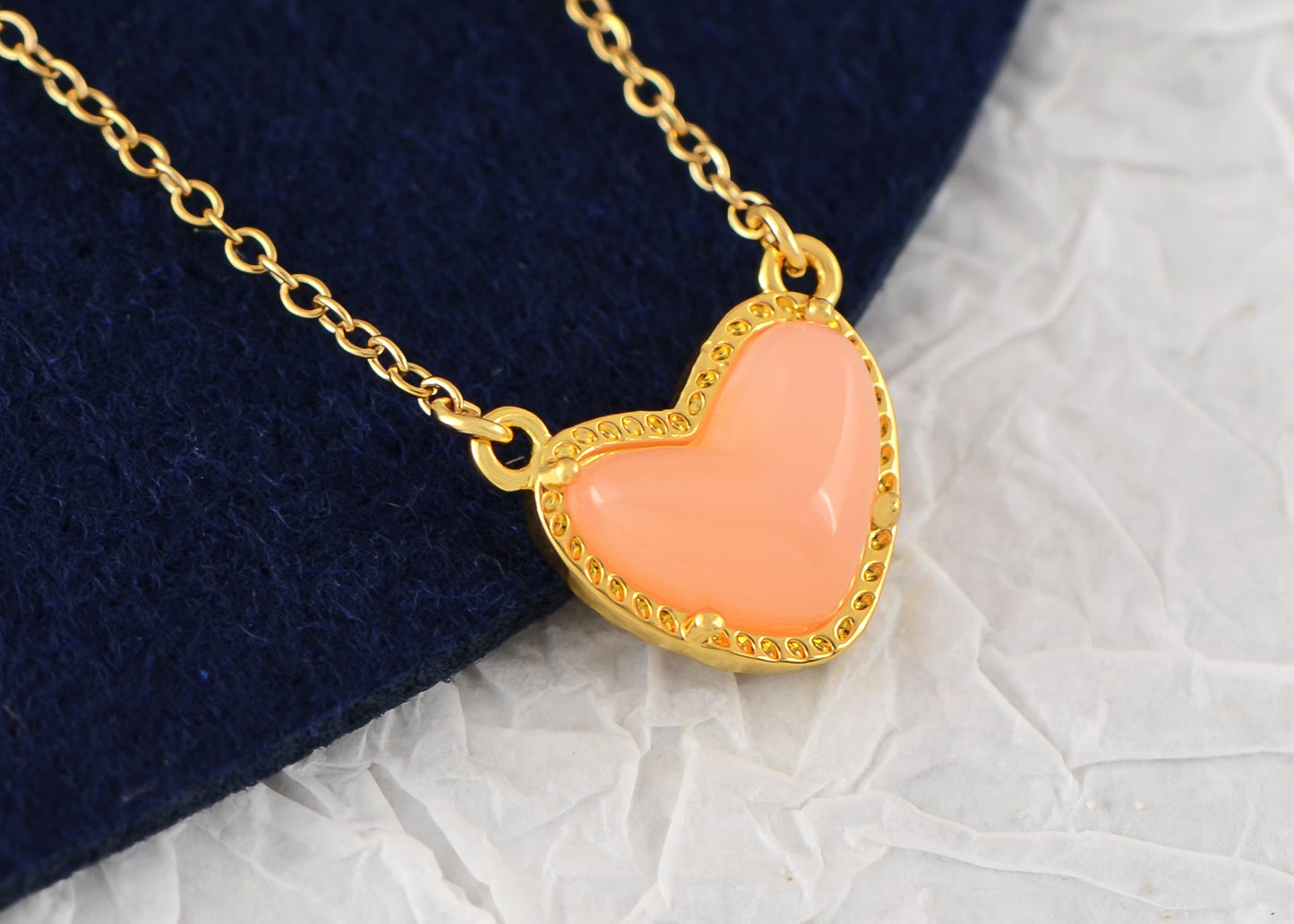 Golden Tone Love Heart Natural Stone Pendant Necklace Birthday or Christmas Jewelry for Women