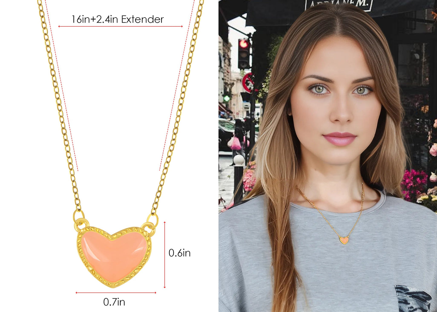 Golden Tone Love Heart Natural Stone Pendant Necklace Birthday or Christmas Jewelry for Women
