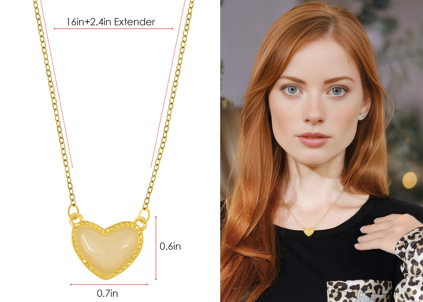 Golden Tone Love Heart Natural Stone Pendant Necklace Birthday or Christmas Jewelry for Women