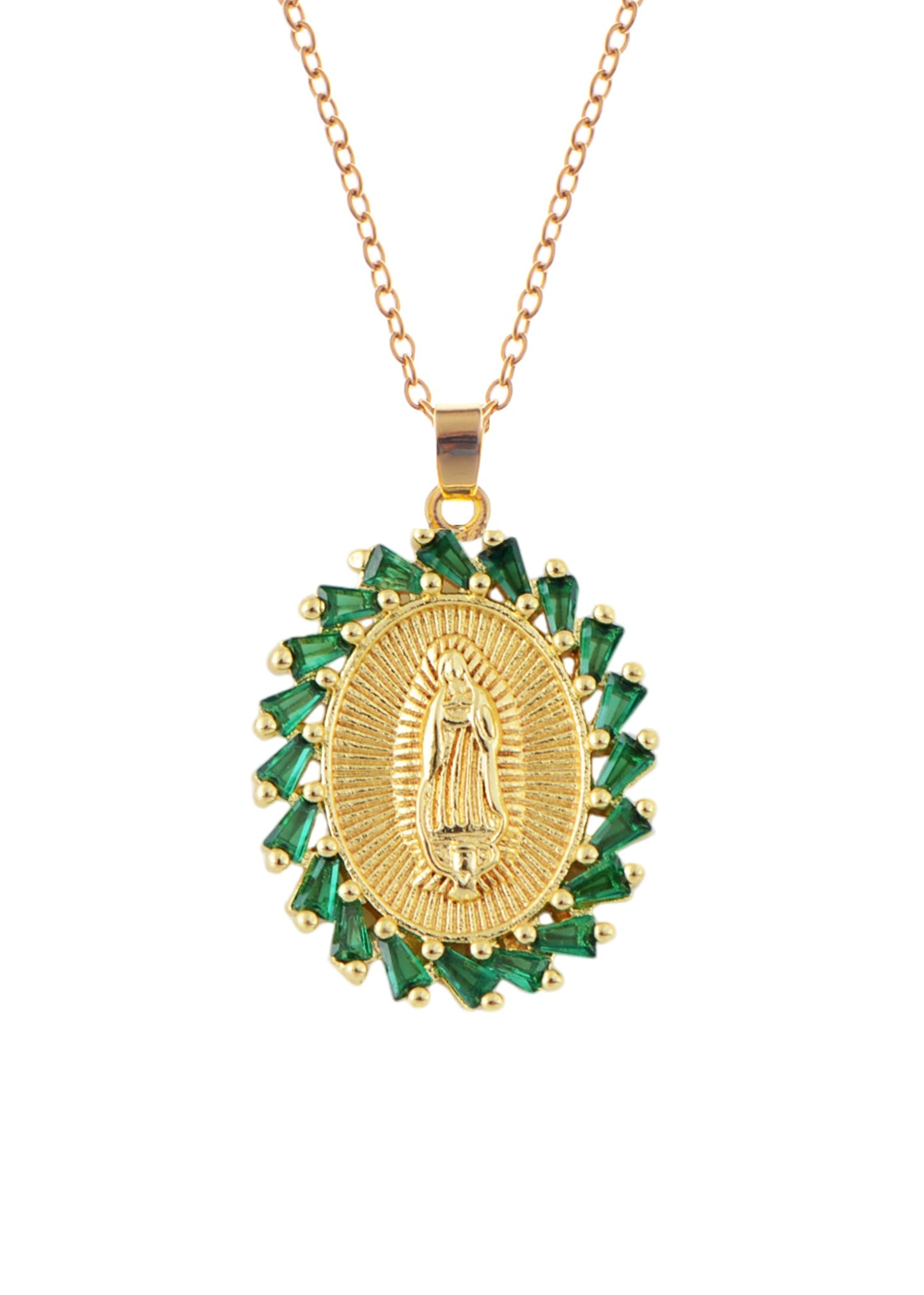 18K Gold Plated Crystal Rhinestone Virgin Mary Catholic Necklace - Our Lady of Guadalupe Medal Pendant - Christian Jewelry for Women and Men