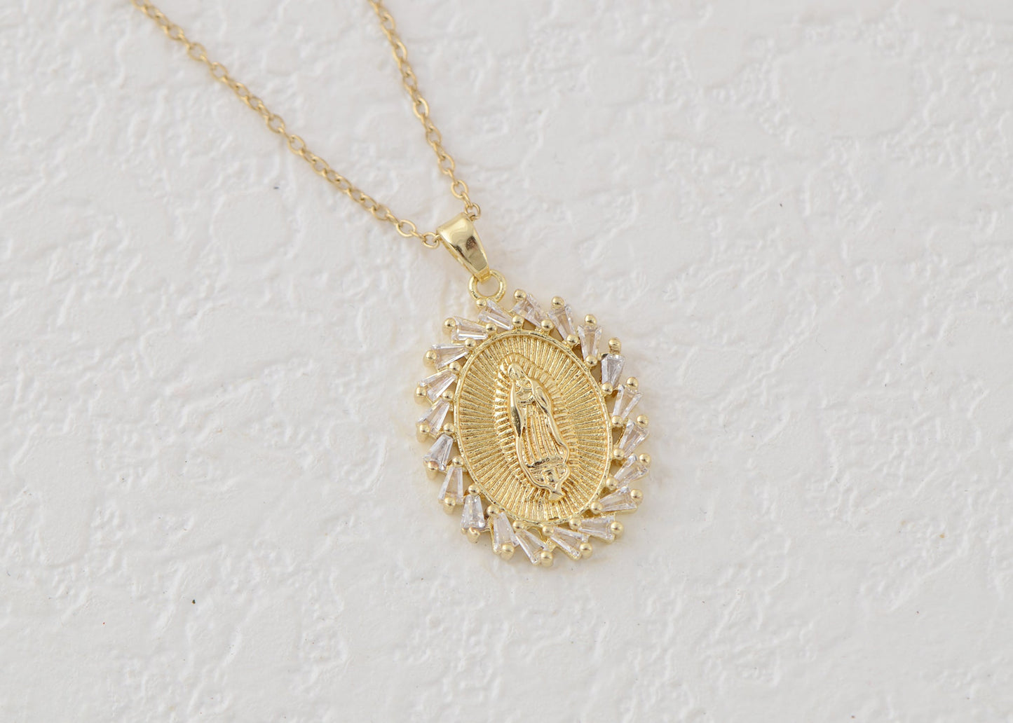 18K Gold Plated Crystal Rhinestone Virgin Mary Catholic Necklace - Our Lady of Guadalupe Medal Pendant - Christian Jewelry for Women and Men