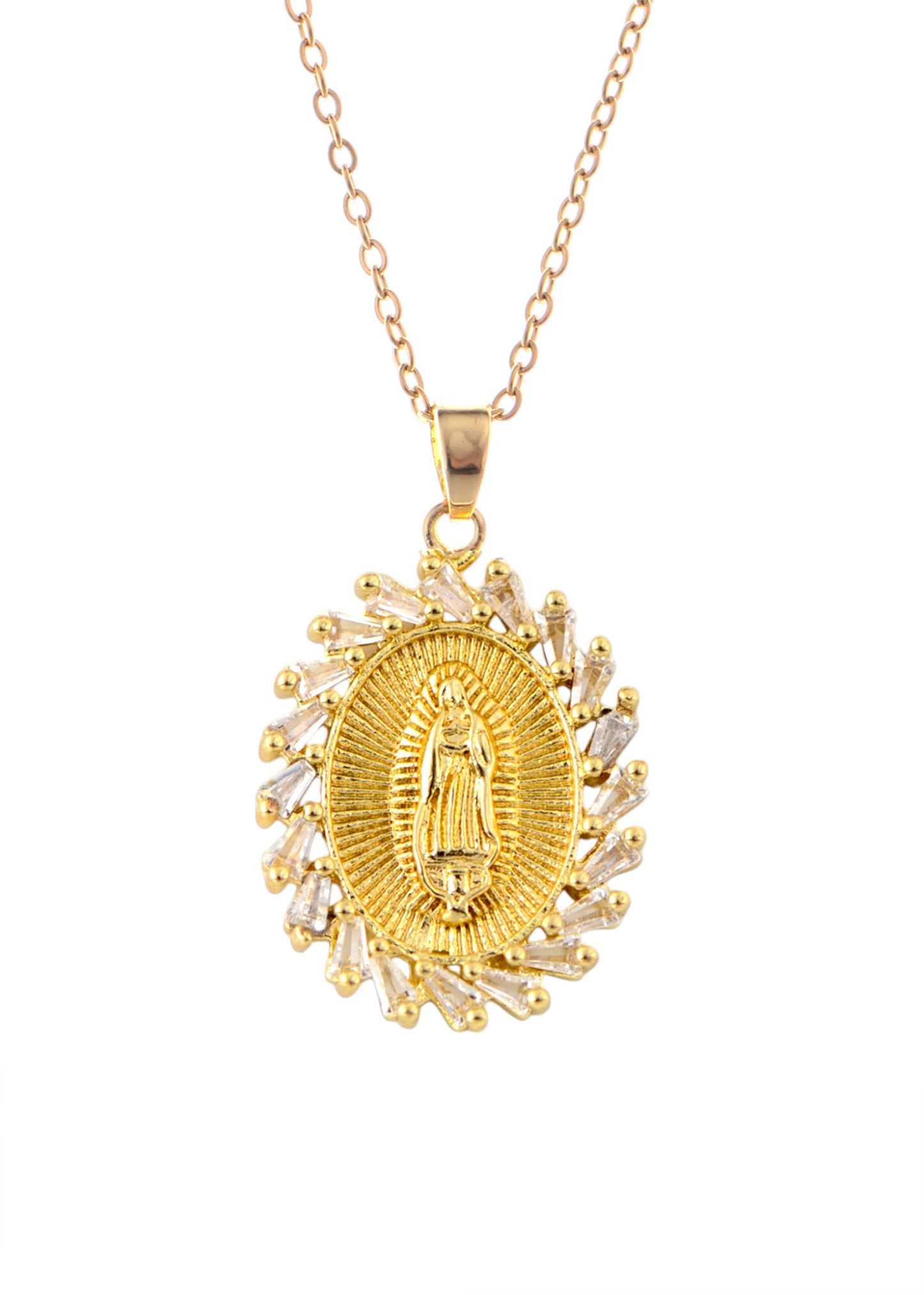 18K Gold Plated Crystal Rhinestone Virgin Mary Catholic Necklace - Our Lady of Guadalupe Medal Pendant - Christian Jewelry for Women and Men