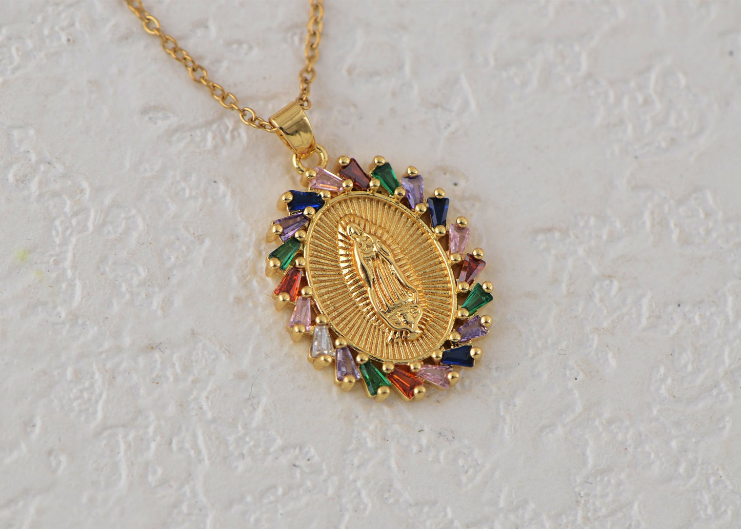 18K Gold Plated Crystal Rhinestone Virgin Mary Catholic Necklace - Our Lady of Guadalupe Medal Pendant - Christian Jewelry for Women and Men