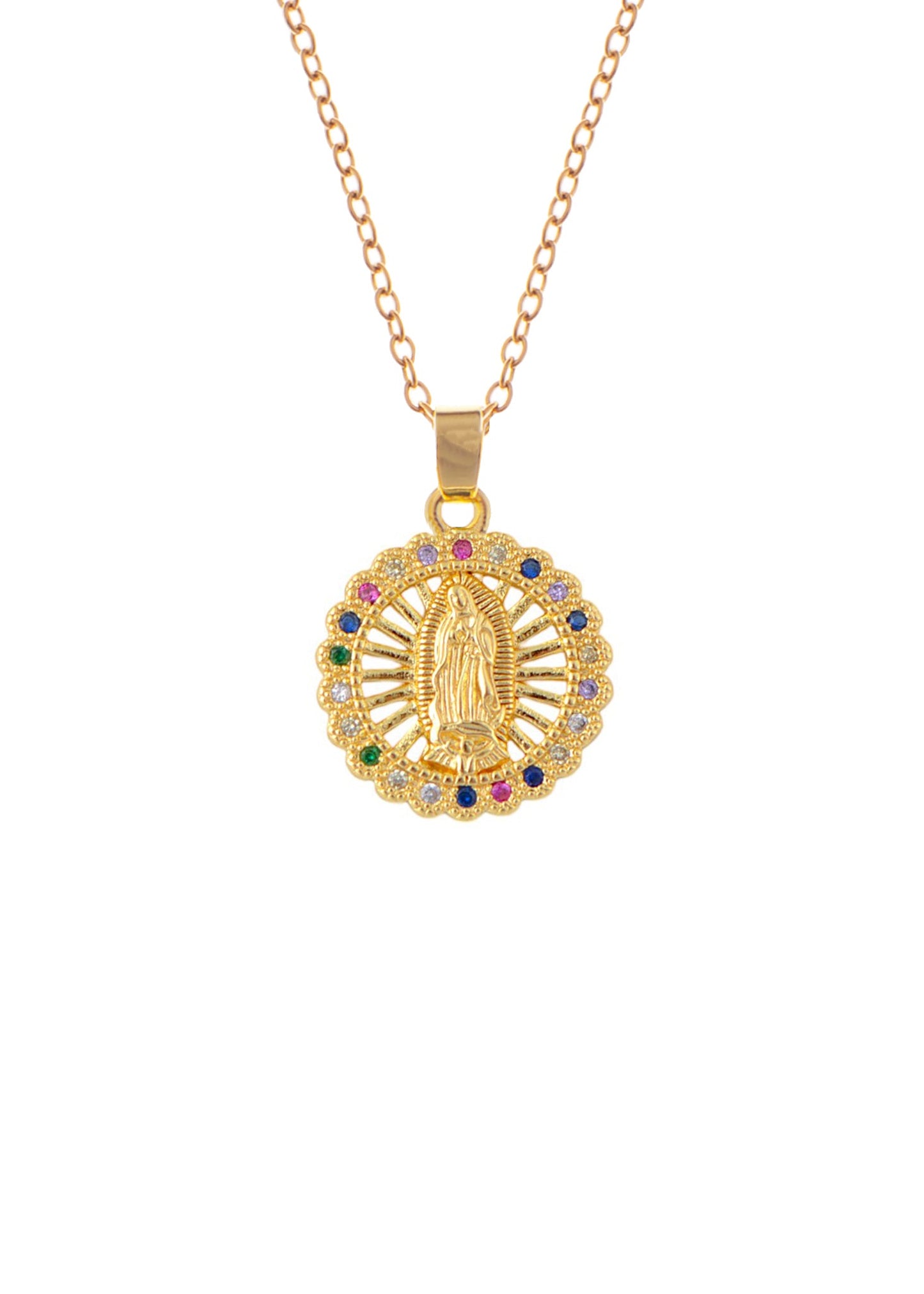 18K Gold Plated Crystal Rhinestone Virgin Mary Catholic Necklace - Our Lady of Guadalupe Medal Pendant - Christian Jewelry for Women and Men