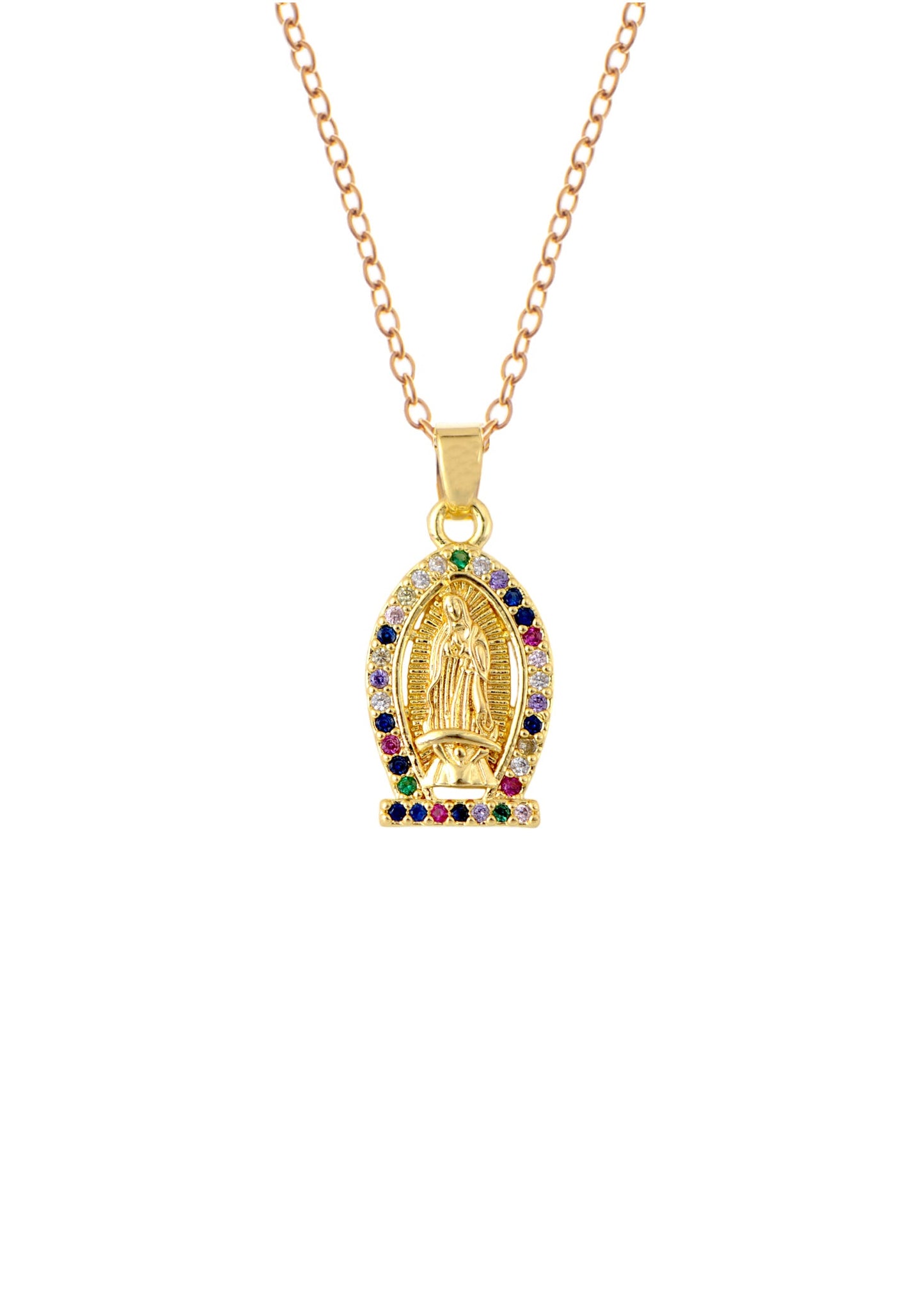 18K Gold Plated Crystal Rhinestone Virgin Mary Catholic Necklace - Our Lady of Guadalupe Medal Pendant - Christian Jewelry for Women and Men