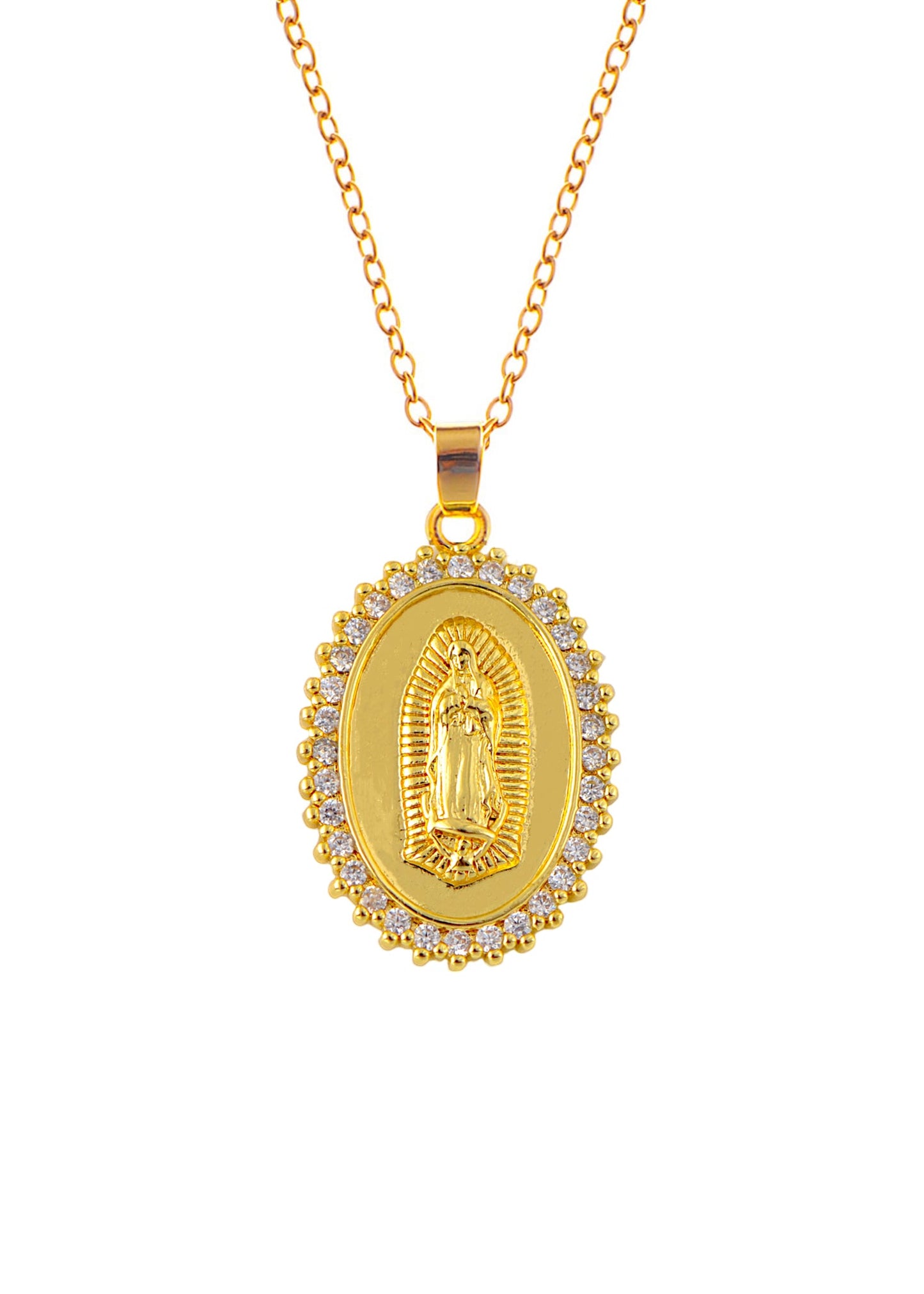 18K Gold Plated Crystal Rhinestone Virgin Mary Catholic Necklace - Our Lady of Guadalupe Medal Pendant - Christian Jewelry for Women and Men