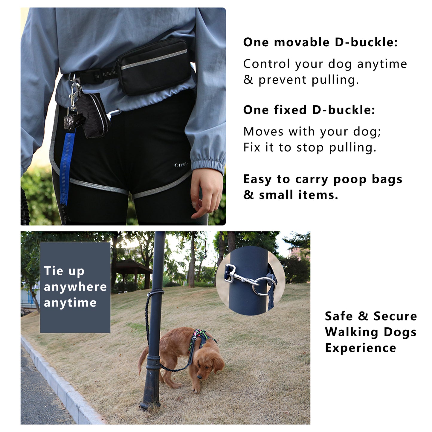 Hands Free Dog Leash Adjustable Reflective Running Belt Bag for Walking Jogging with Medium Large Dogs