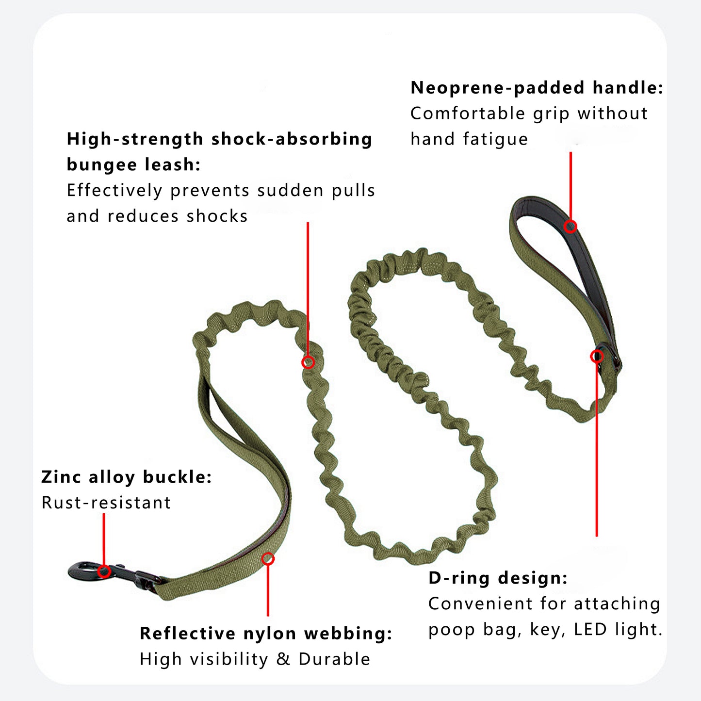 Dog Leash Reflective Comfort Dual Handle Elastic Pet Training Leash