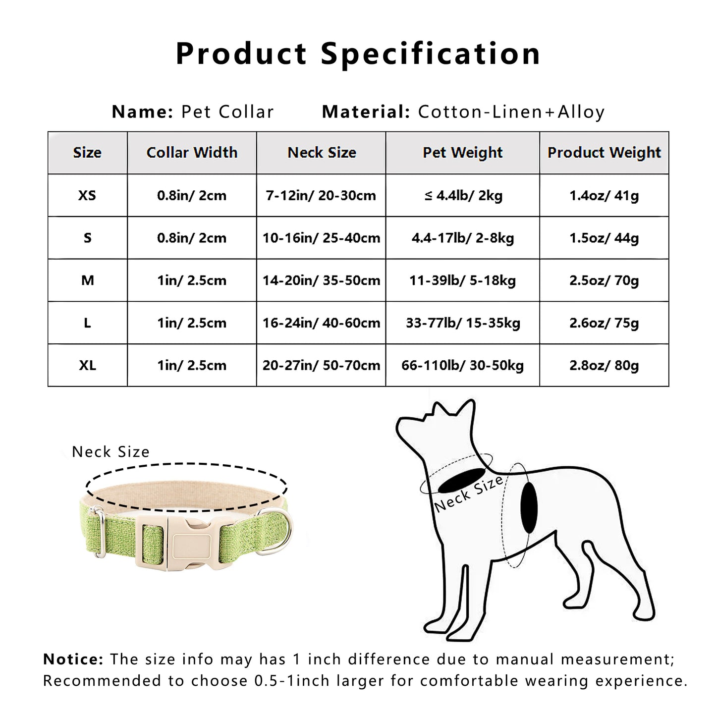 Dog Collar Adjustable Lightweight Comfort Cotton-Linen Pet Collars for All Breeds