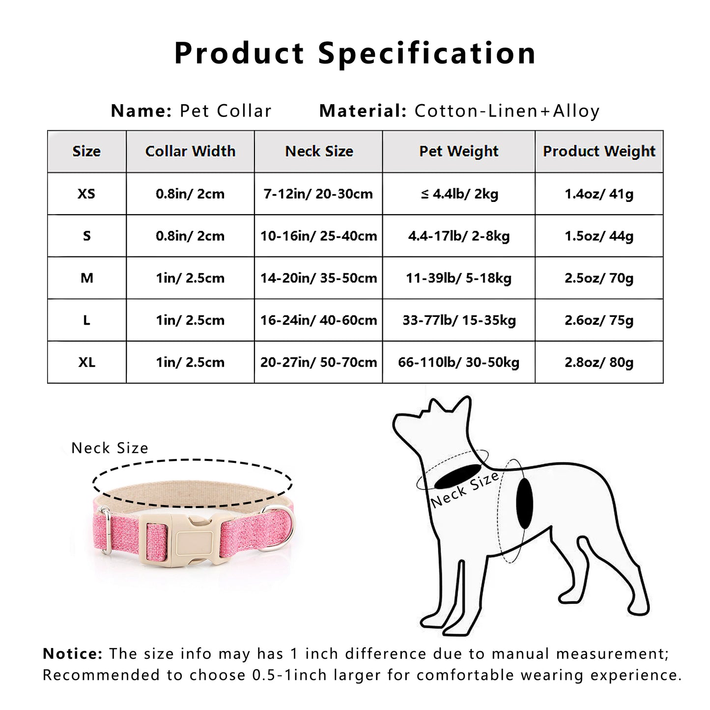 Dog Collar Adjustable Lightweight Comfort Cotton-Linen Pet Collars for All Breeds