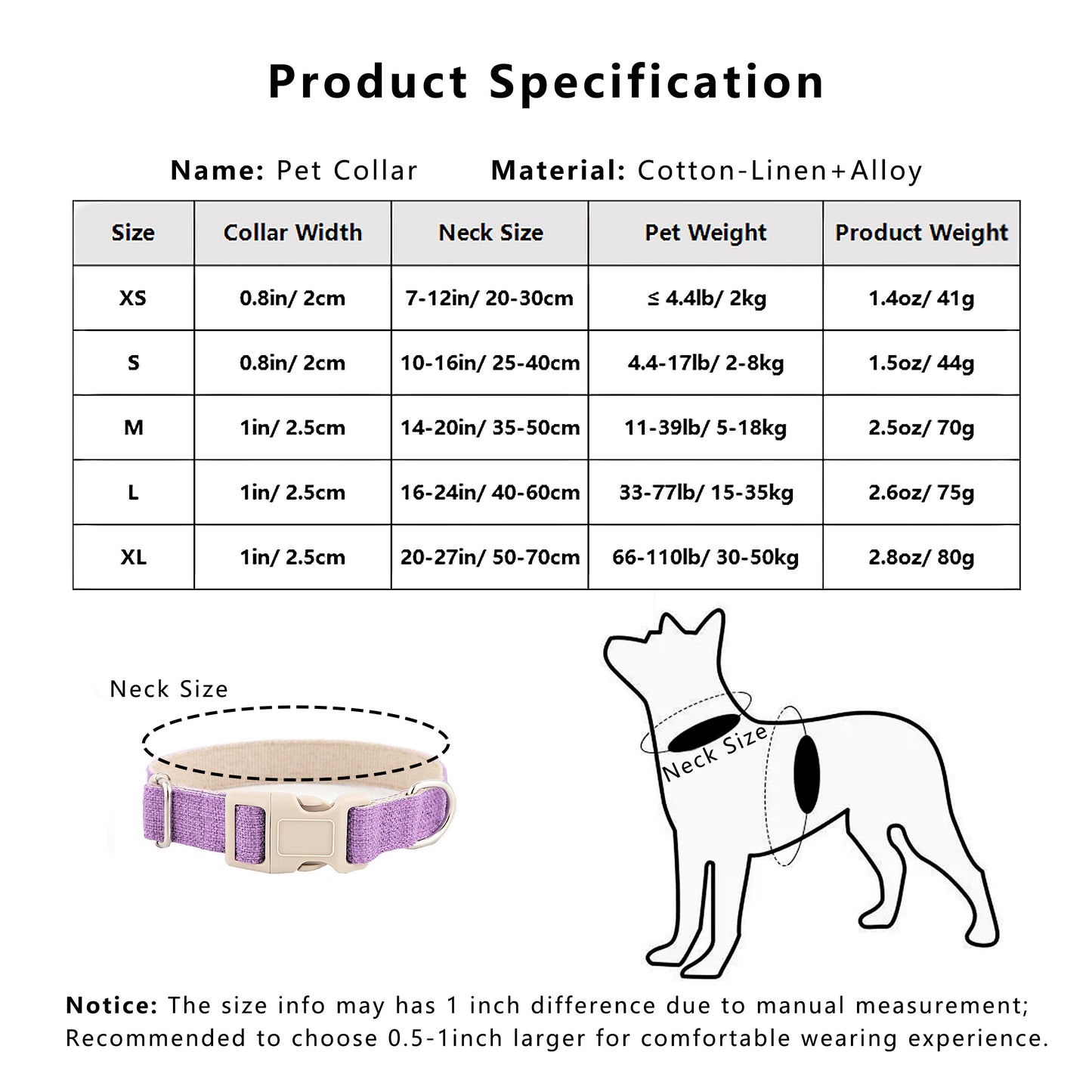 Dog Collar Adjustable Lightweight Comfort Cotton-Linen Pet Collars for All Breeds