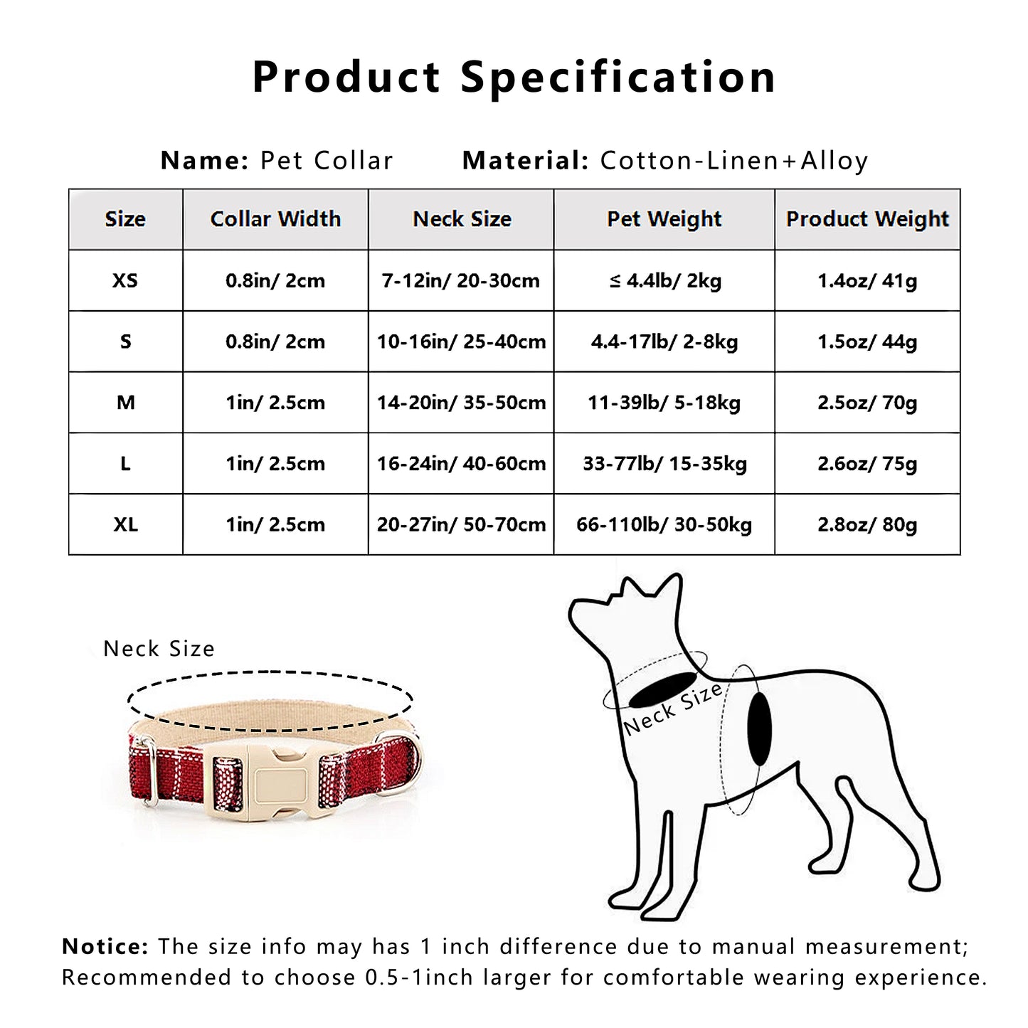 Dog Collar Adjustable Lightweight Comfort Cotton-Linen Pet Collars for All Breeds