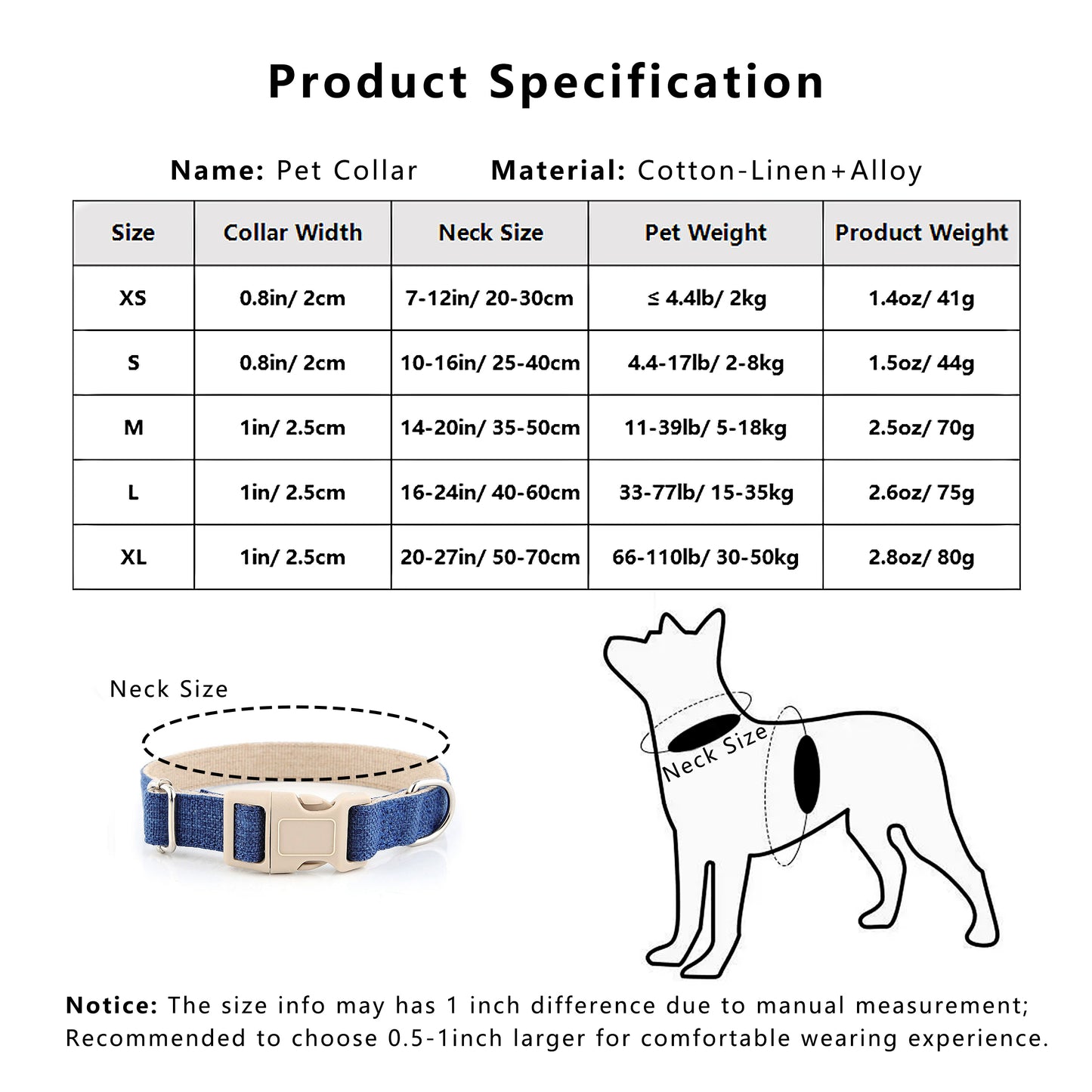 Dog Collar Adjustable Lightweight Comfort Cotton-Linen Pet Collars for All Breeds