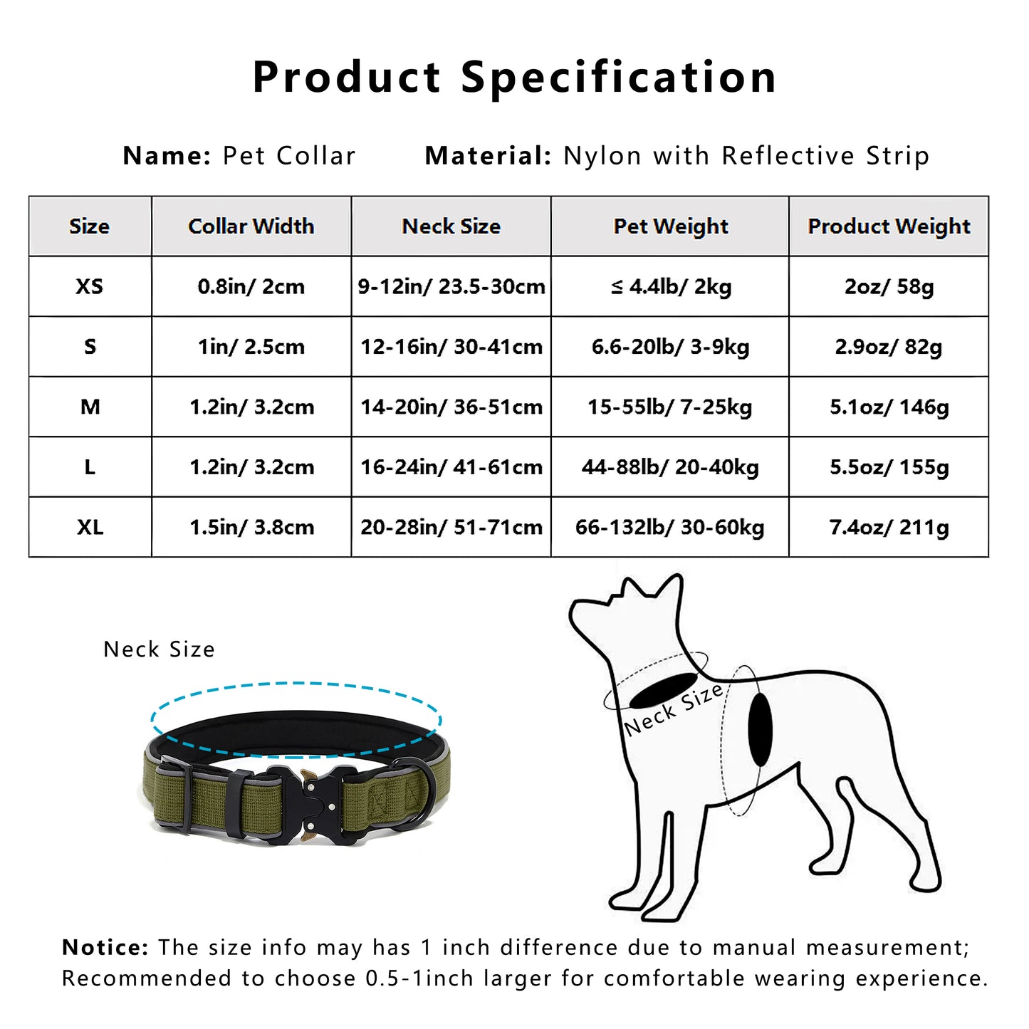 Dog Collar Reflective Comfort Padded Adjustable Adventure Nylon Pet Collars for All Breeds