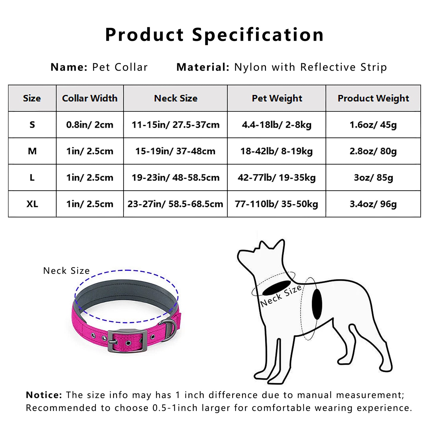 Dog Collar Reflective Adjustable Comfort Padded Nylon Pet Collars with Durable Metal Belt Buckle