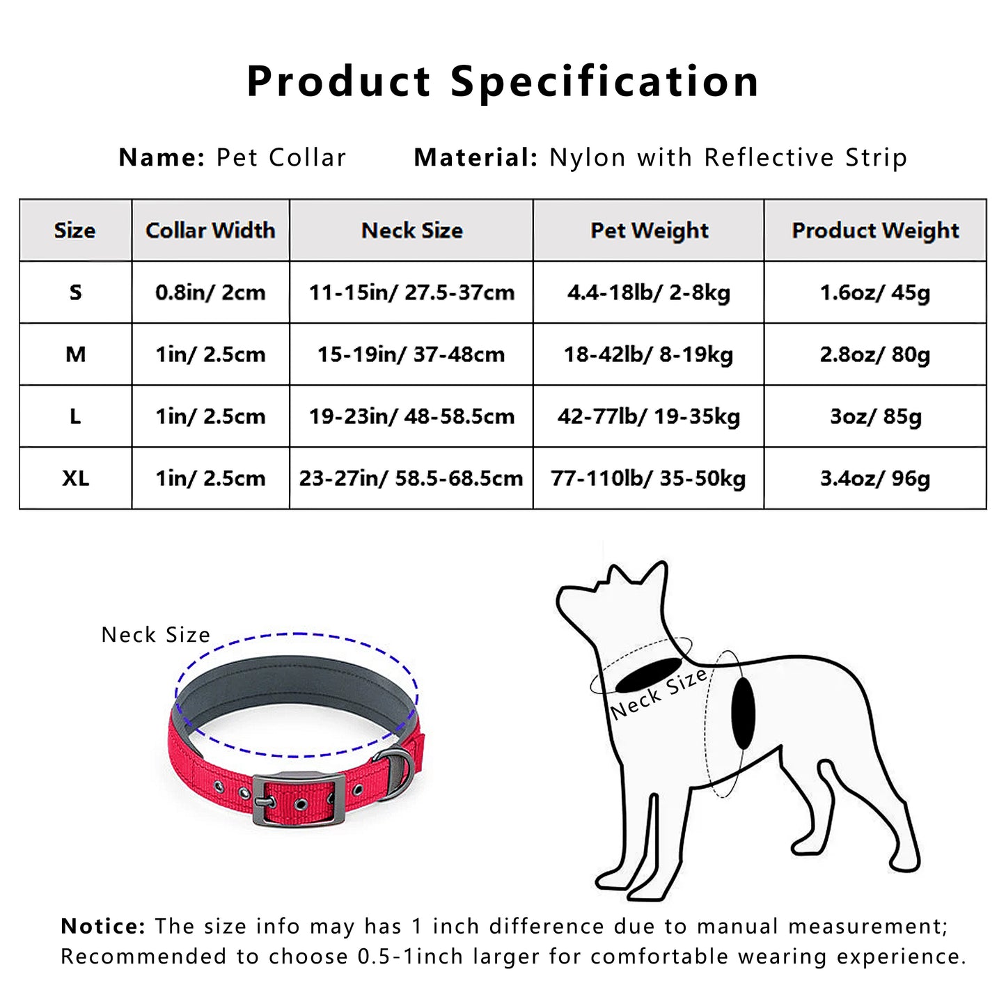 Dog Collar Reflective Adjustable Comfort Padded Nylon Pet Collars with Durable Metal Belt Buckle