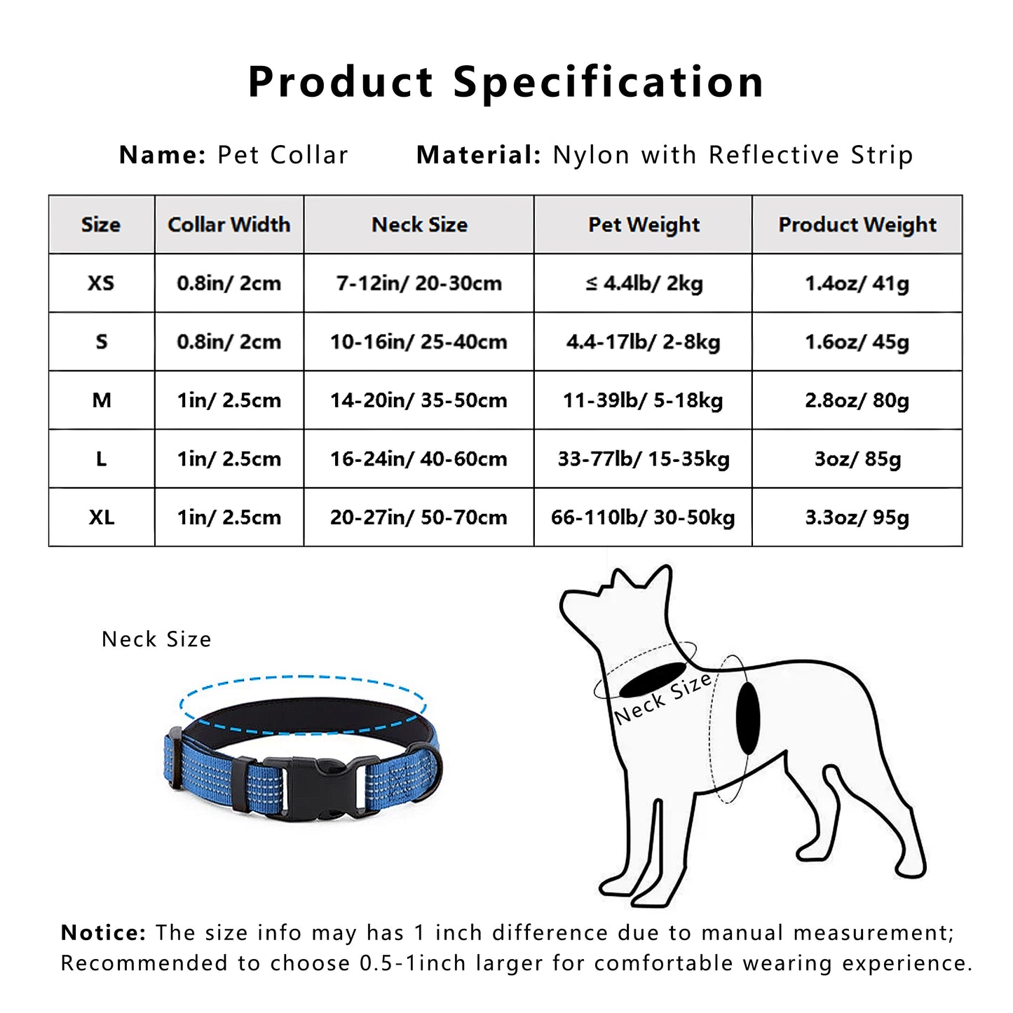 Dog Collar Reflective Soft Padded Adjustable Comfort Nylon Collars for All Breeds