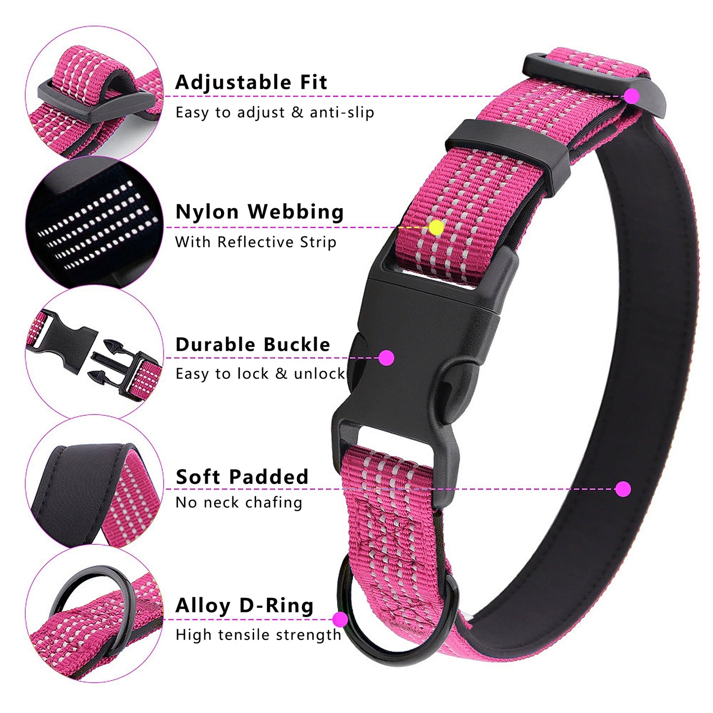 Dog Collar Reflective Soft Padded Adjustable Comfort Nylon Collars for All Breeds