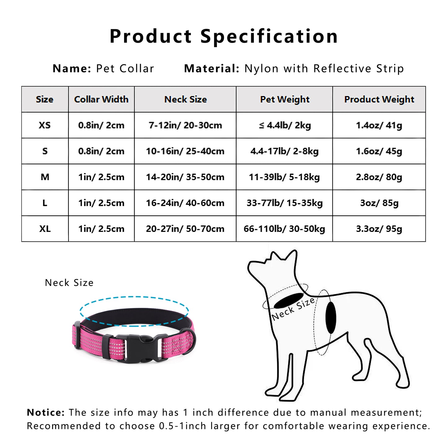 Dog Collar Reflective Soft Padded Adjustable Comfort Nylon Collars for All Breeds