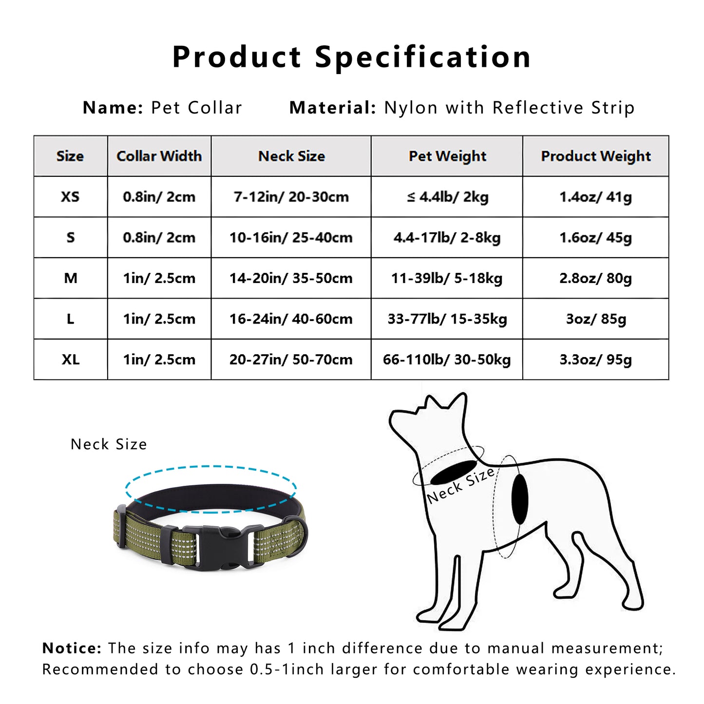 Dog Collar Reflective Soft Padded Adjustable Comfort Nylon Collars for All Breeds
